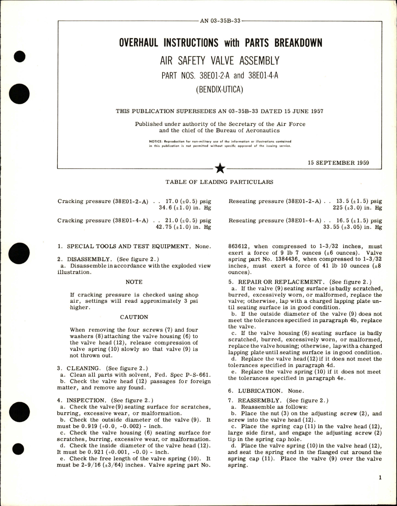 Sample page 1 from AirCorps Library document: Overhaul Instructions with Parts Breakdown for Air Safety Valve Assembly - Parts 38E01-2-A and 38E01-4-A