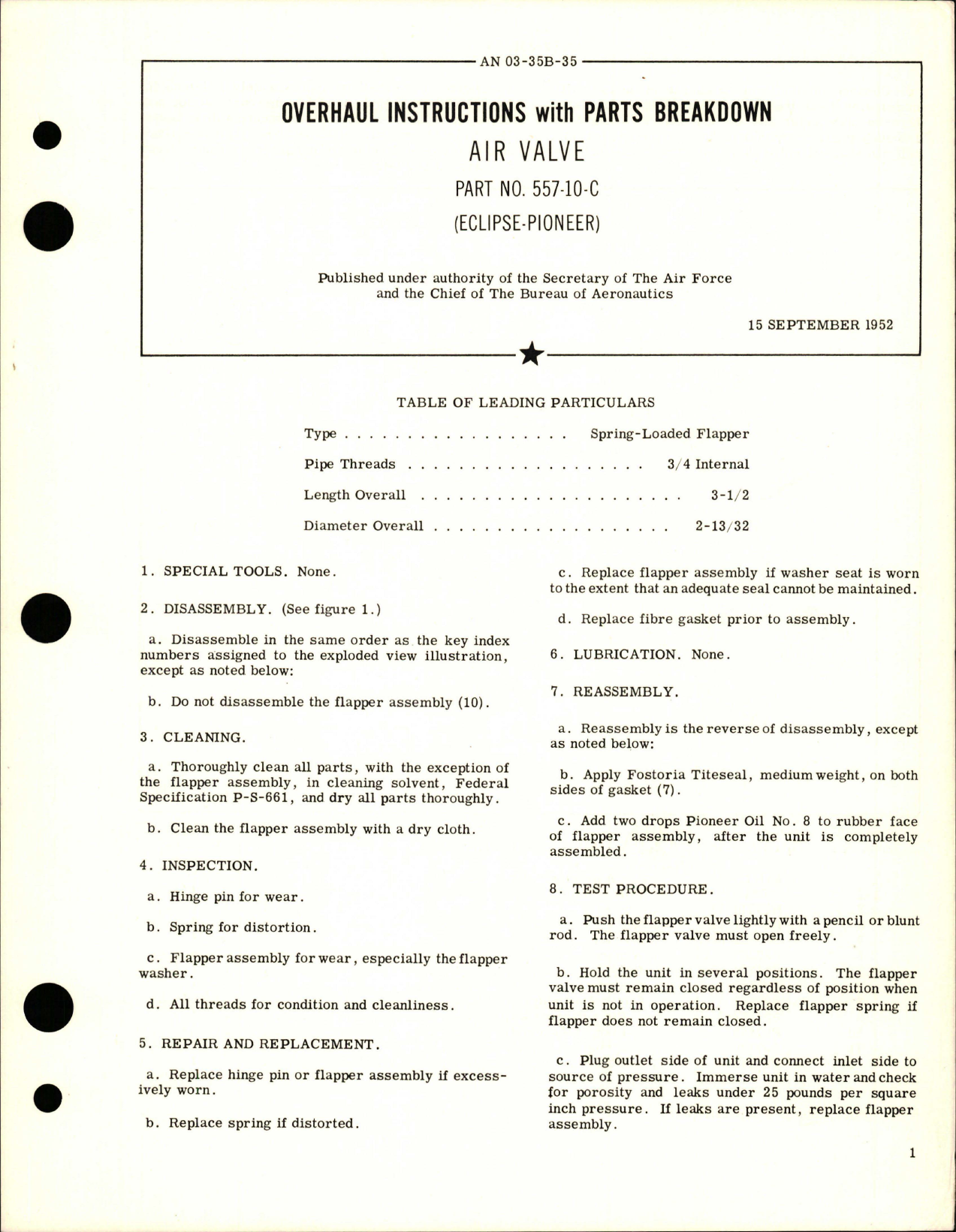 Sample page 1 from AirCorps Library document: Overhaul Instructions with Parts Breakdown for Air Valve - Part 557-10-C 