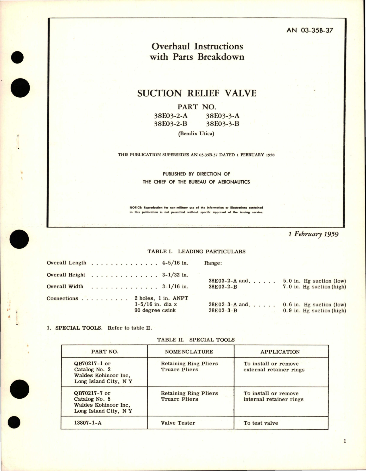 Sample page 1 from AirCorps Library document: Overhaul Instructions with Parts Breakdown for Suction Relief Valve - Parts 38E03-2-A, 38E03-2-B, 38E03-3-A, and 38E03-3-B