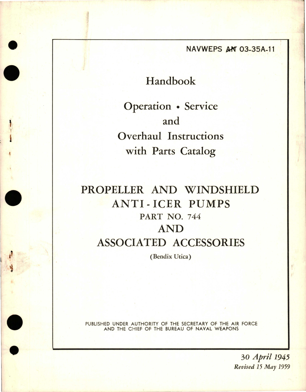 Sample page 1 from AirCorps Library document: Operation, Service and Overhaul Instructions with Parts Catalog for Propeller and Windshield Anti-Icer Pumps and Associated Accessories - Part 744 