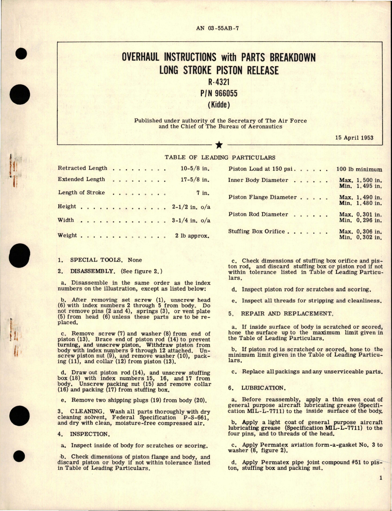 Sample page 1 from AirCorps Library document: Overhaul Instructions with Parts Breakdown for Long Stroke Piston Release - R-4321 - Part 966055