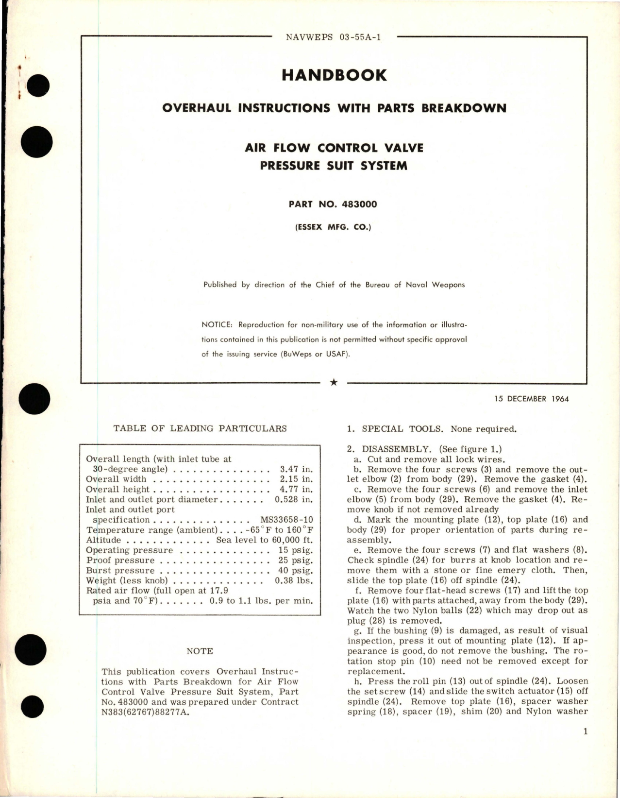 Sample page 1 from AirCorps Library document: Overhaul Instructions with Parts Breakdown for Air Flow Control Valve Pressure Suit System - Part 483000