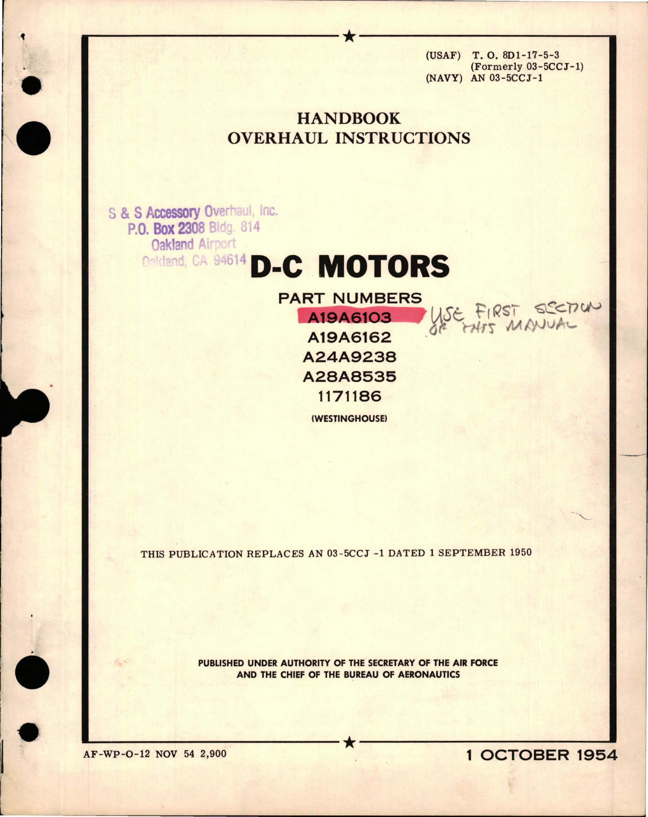 Sample page 1 from AirCorps Library document: Overhaul Instructions for D-C Motors - Parts A19A6103, A19A6162, A24A9238, A28A8535, 1171186 