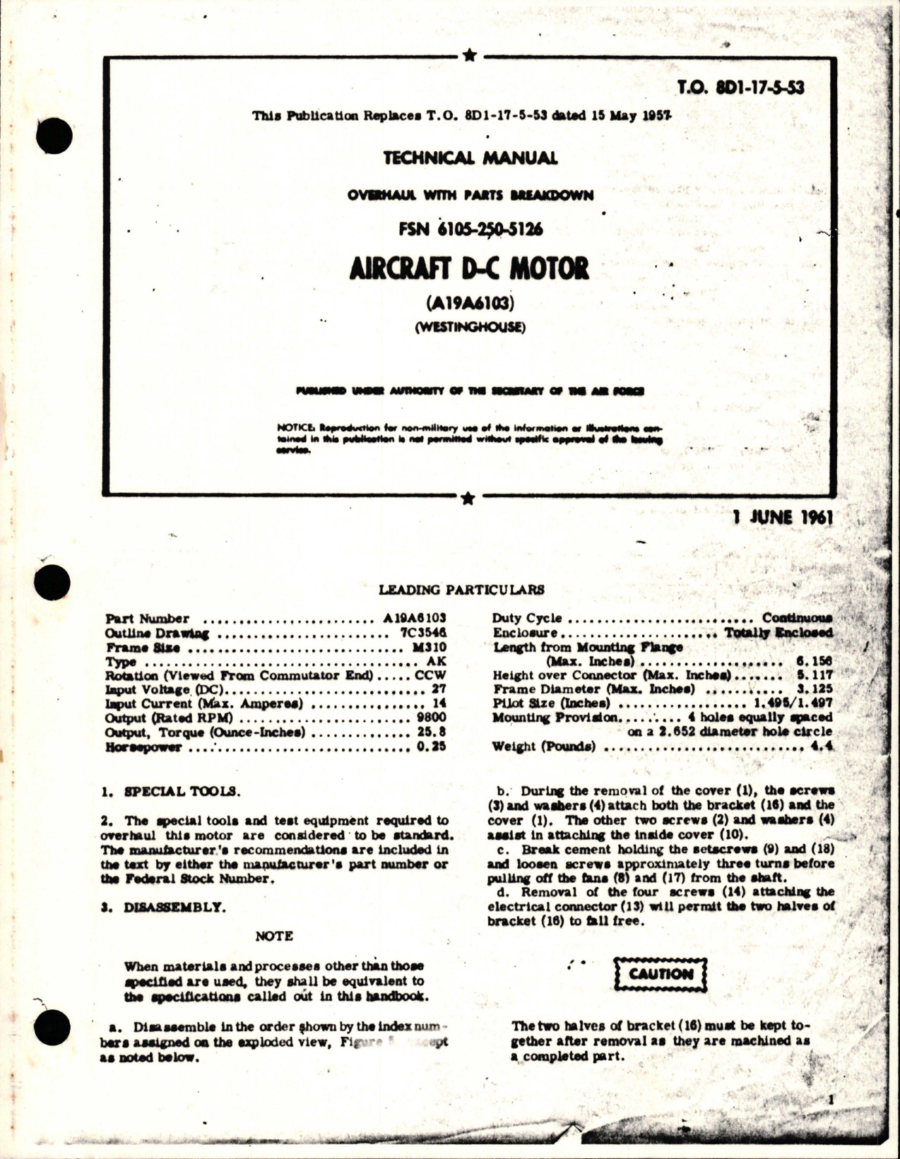 Sample page 1 from AirCorps Library document: Overhaul with Parts Breakdown for D-C Motor - A19A6103 