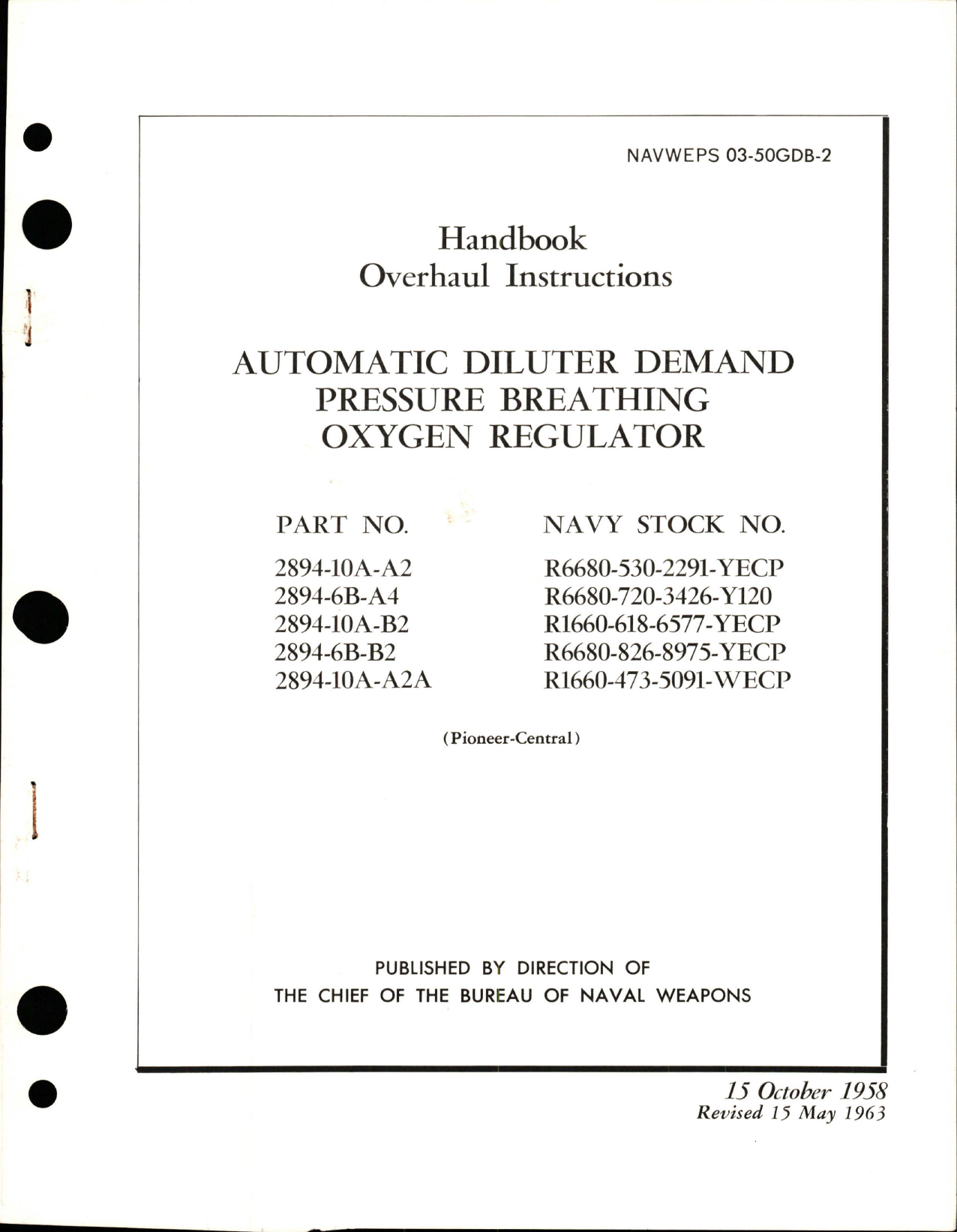 Sample page 1 from AirCorps Library document: Overhaul Instructions for Automatic Diluter Demand Pressure Breathing Oxygen Regulator - Parts 2894-10A-A2, 2894-6B-A4, 2894-10A-B2, 2894-6B-B2, and 2894-10A-A2A