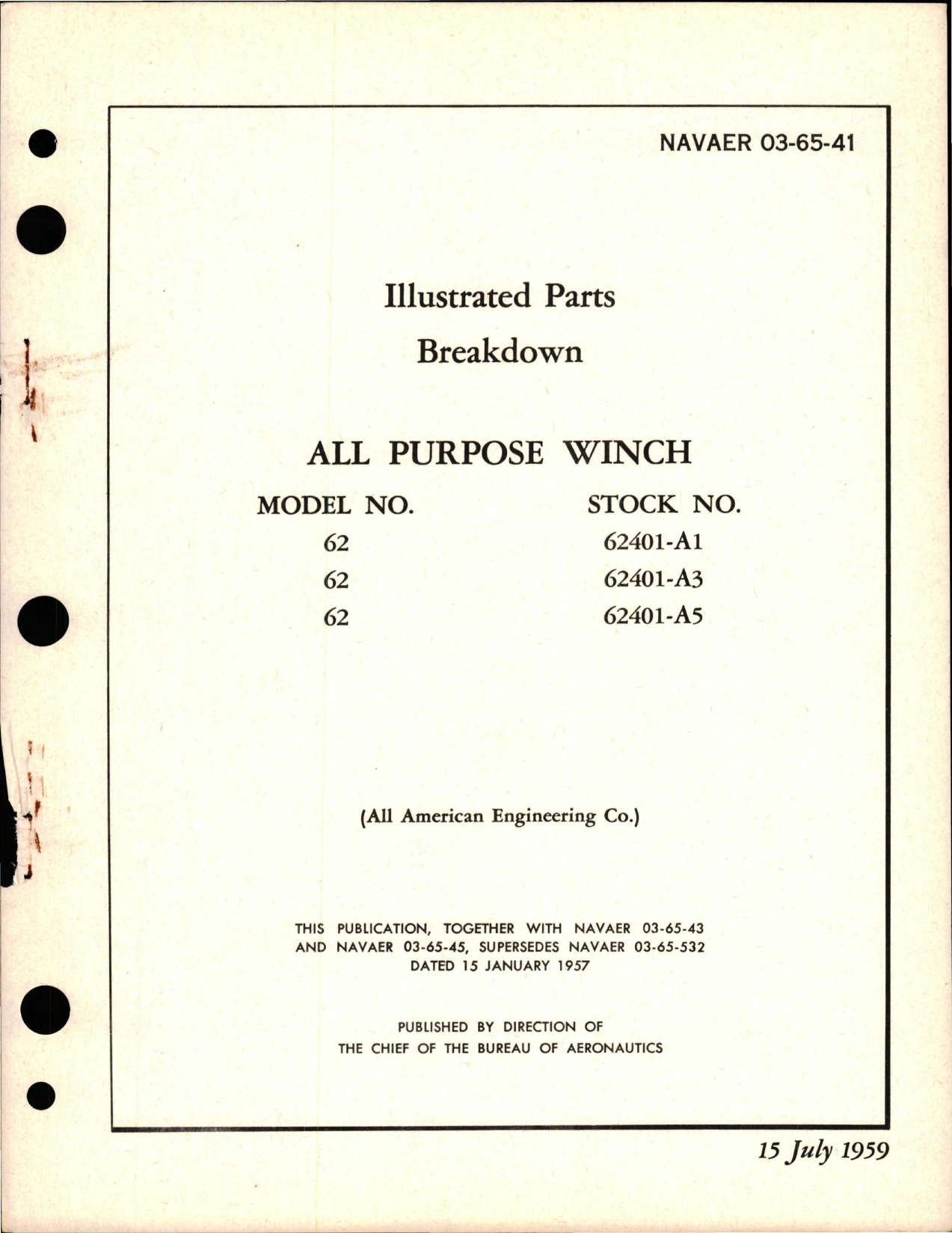 Sample page 1 from AirCorps Library document: Illustrated Parts Breakdown for All Purpose Winch - Model 62