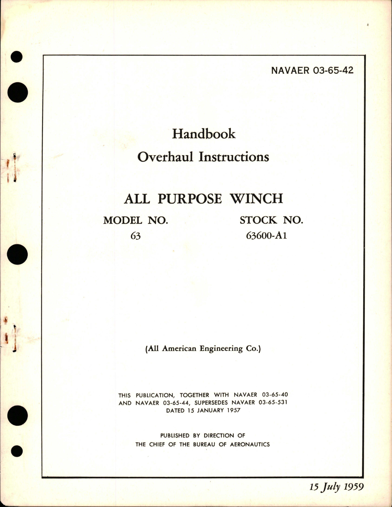 Sample page 1 from AirCorps Library document: Overhaul Instructions for All Purpose Winch - Model 63 