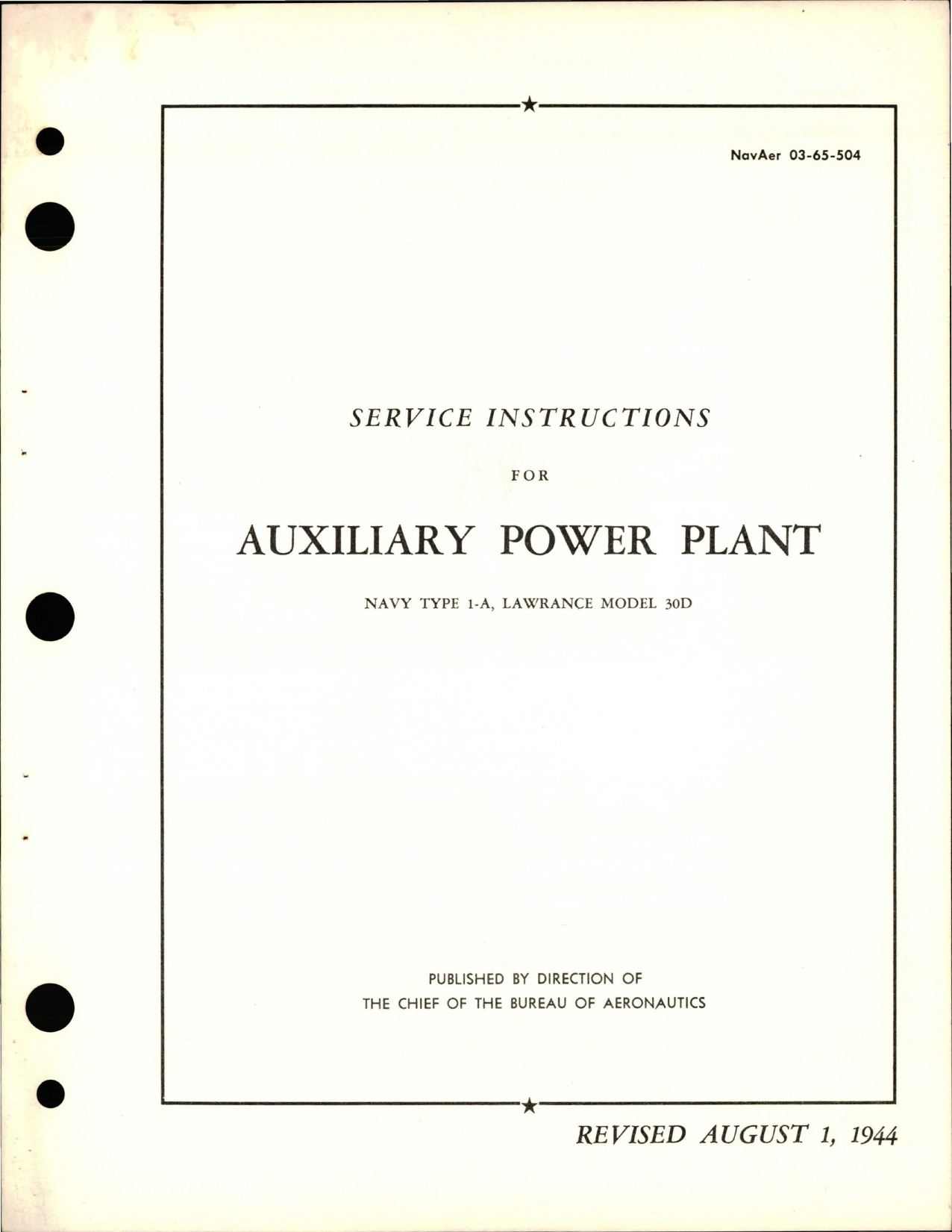 Sample page 1 from AirCorps Library document: Service Instructions for Auxiliary Power Plant - Type 1-A - Model 30D 