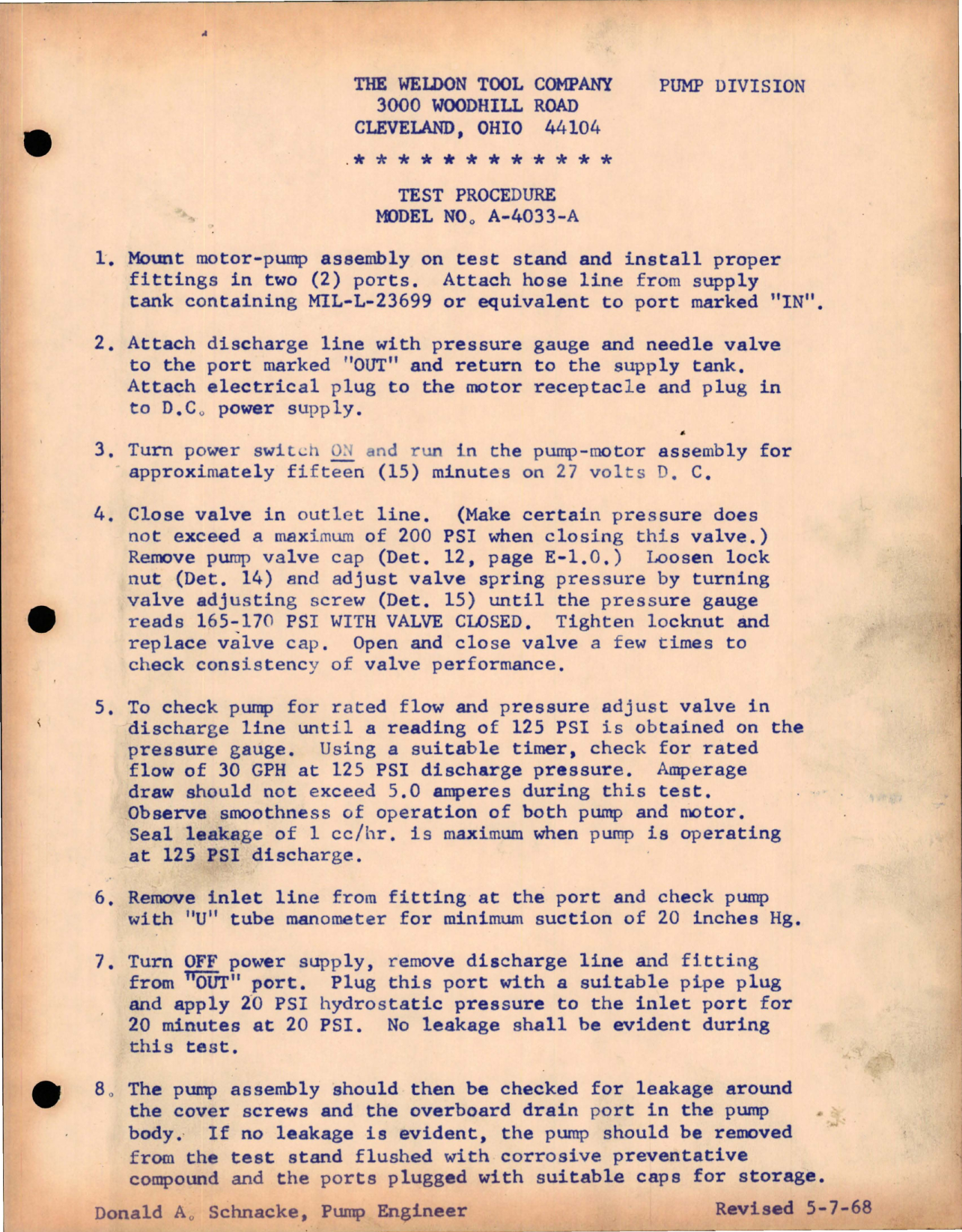 Sample page 1 from AirCorps Library document: Test Procedure and Spare Parts List for Hydraulic Pump - Model A-4033-A and Motors 11409 and 114172 