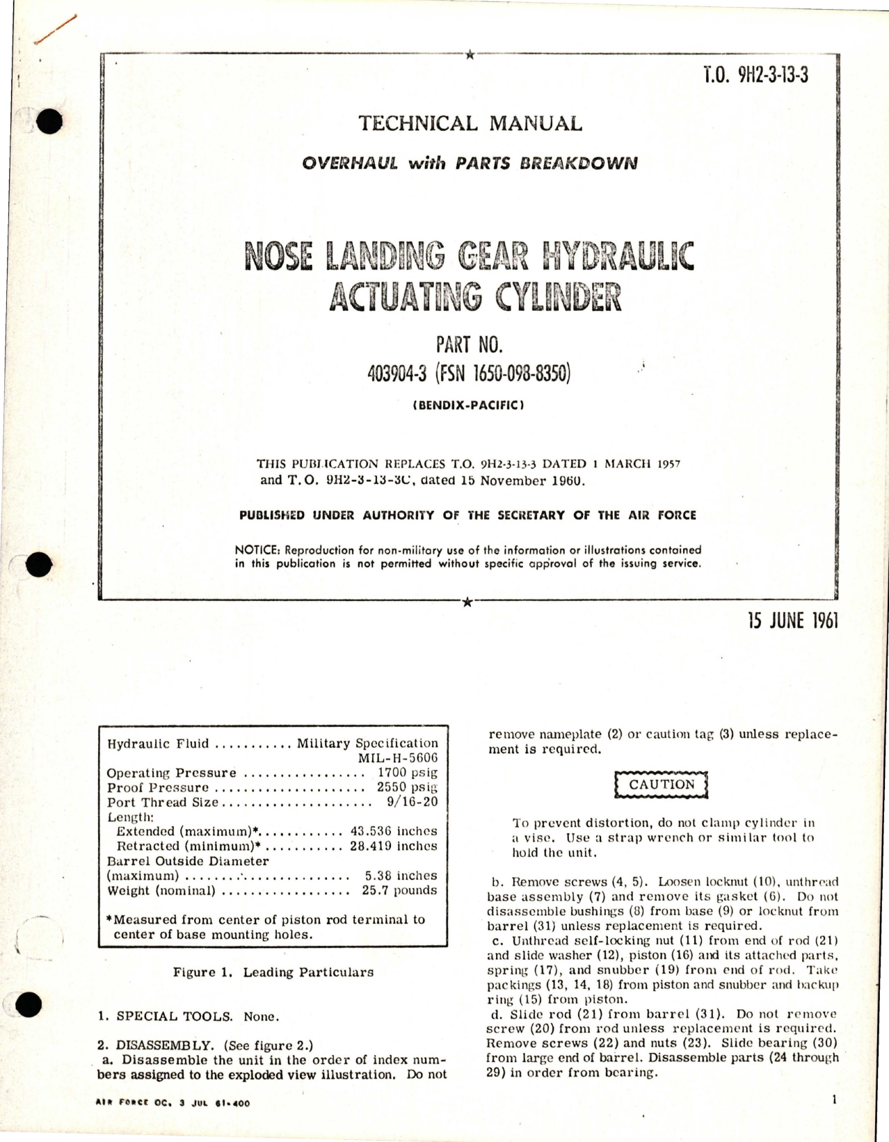 Sample page 1 from AirCorps Library document: Overhaul Instructions with Parts Breakdown for Nose Landing Gear Hydraulic Actuating Cylinder