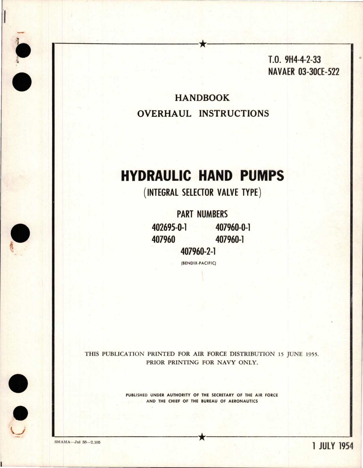 Sample page 1 from AirCorps Library document: Overhaul Instructions for Hydraulic Hand Pumps - Integral Selector Valve Type 