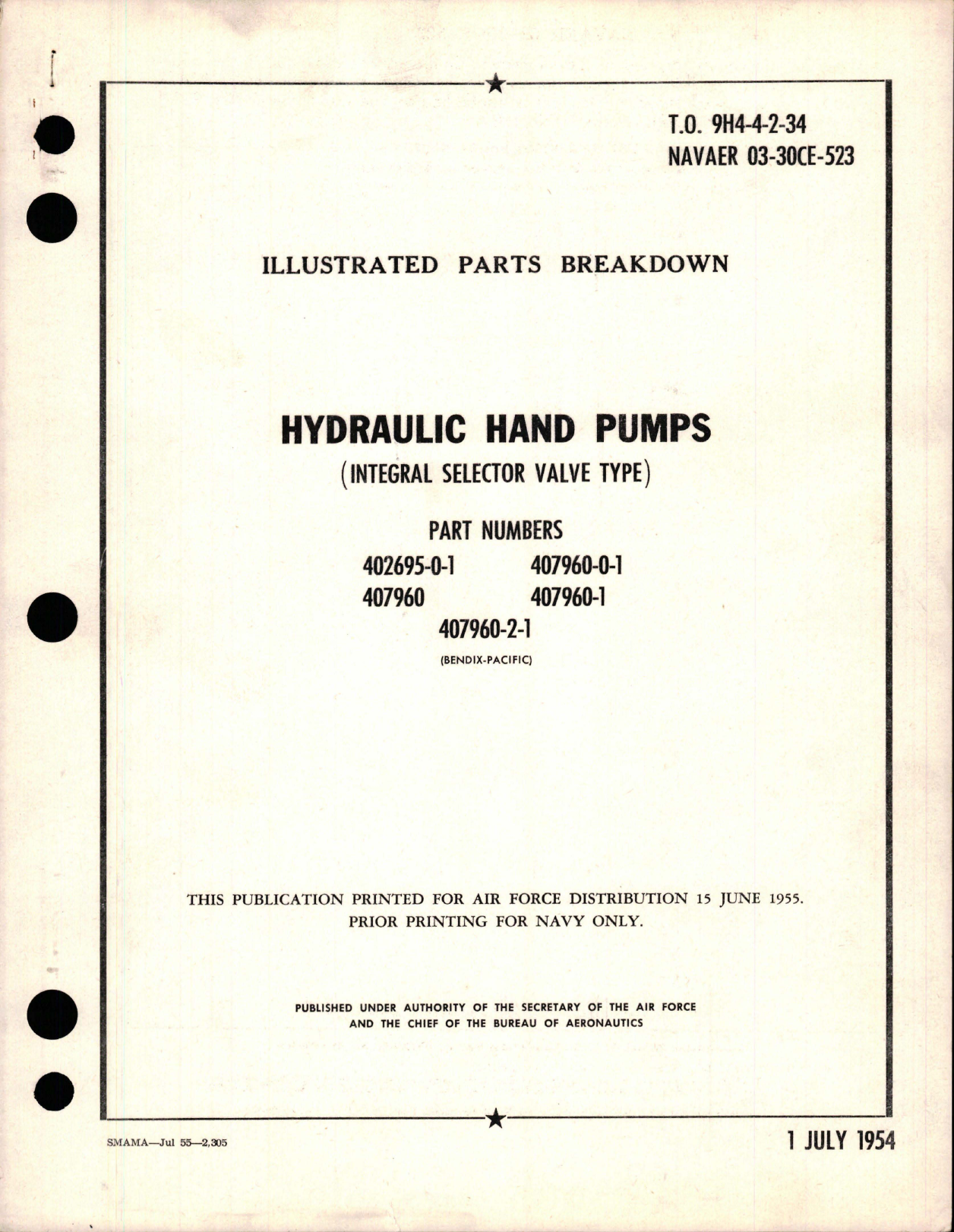 Sample page 1 from AirCorps Library document: Illustrated Parts Breakdown for Hydraulic Hand Pumps - Integral Selector Valve Type 