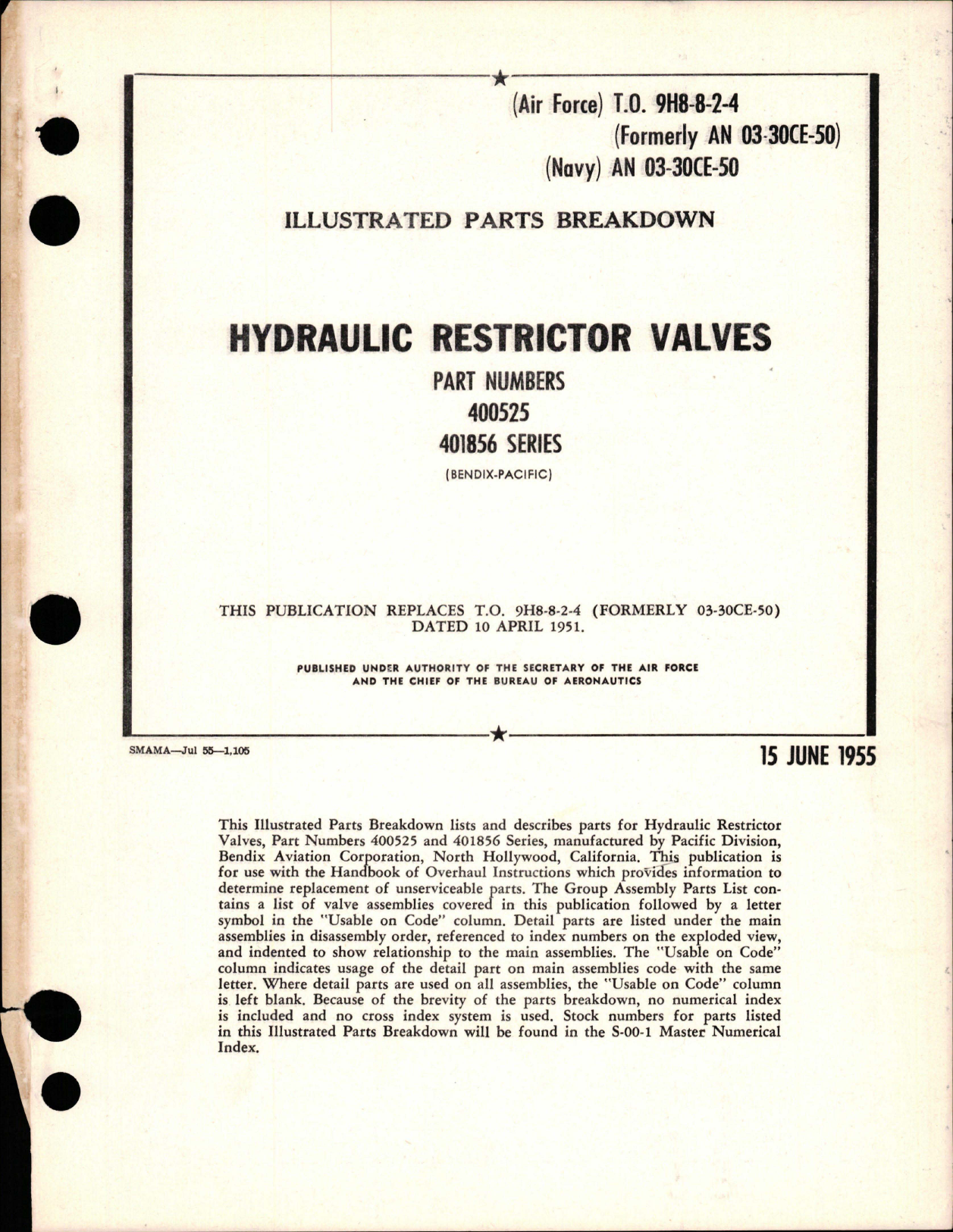Sample page 1 from AirCorps Library document: Illustrated Parts Breakdown for Hydraulic Restrictor Valves - Parts 400525 and 401856 Series