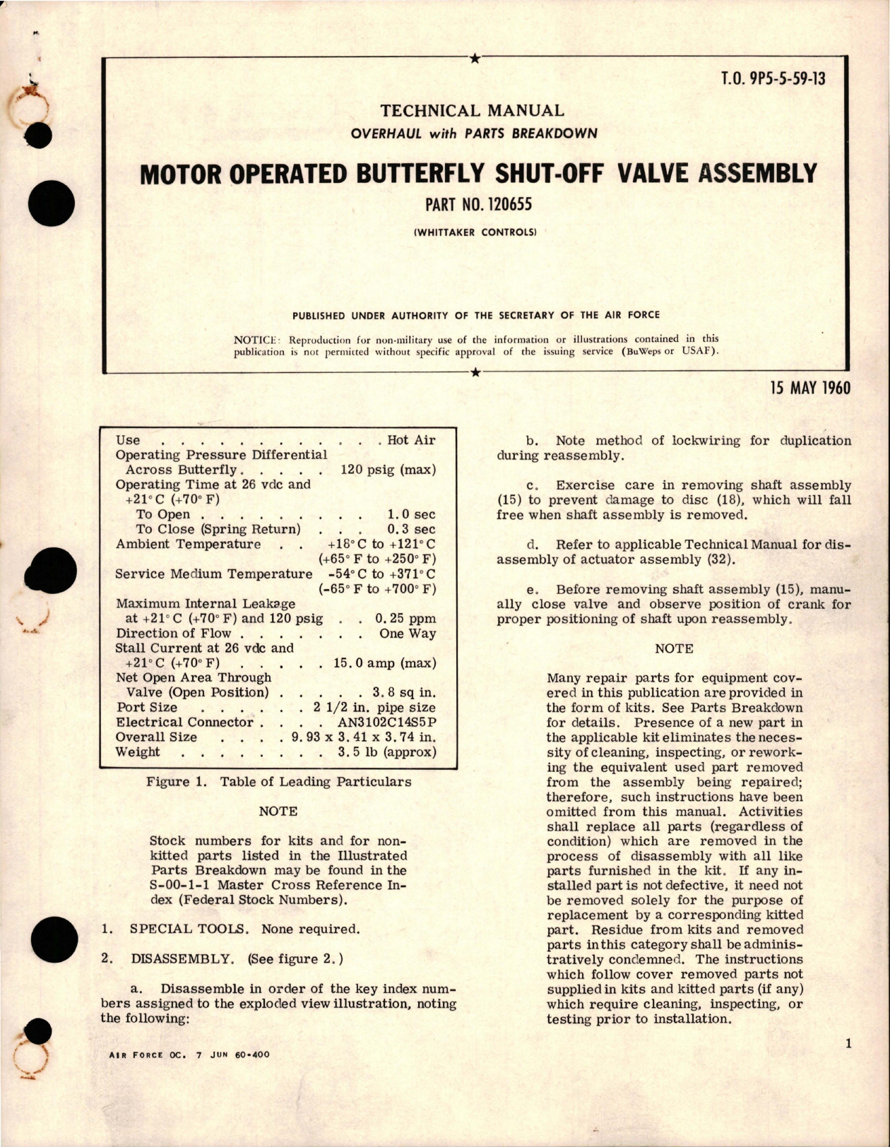 Sample page 1 from AirCorps Library document: Overhaul with Parts Breakdown for Motor Operated Butterfly Shut-Off Valve Assembly - Part 120655