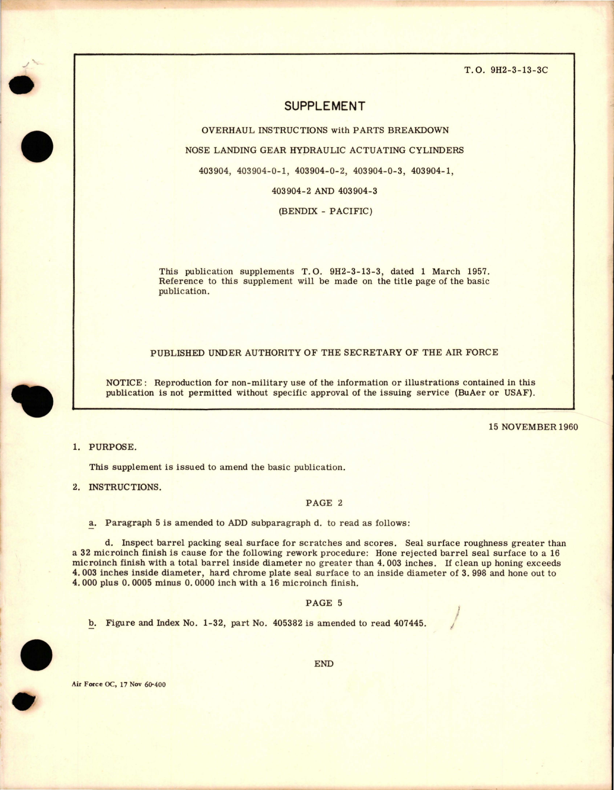 Sample page 1 from AirCorps Library document: Supplement to Overhaul Instructions with Parts Breakdown for Nose Landing Gear Hydraulic Actuating Cylinders