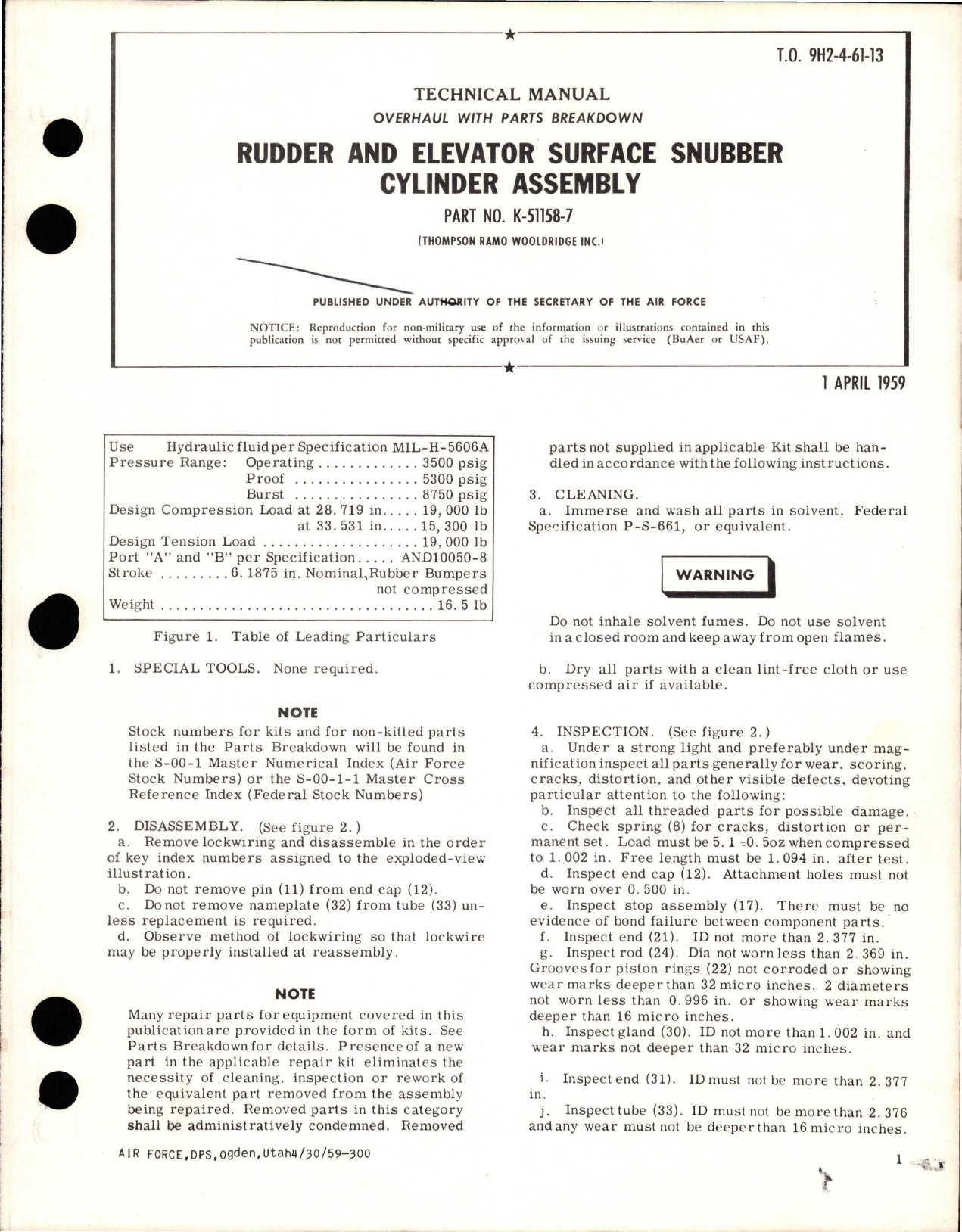 Sample page 1 from AirCorps Library document: Overhaul with Parts Breakdown for Rudder and Elevator Surface Snubber Cylinder Assembly - Part K-51158-7 