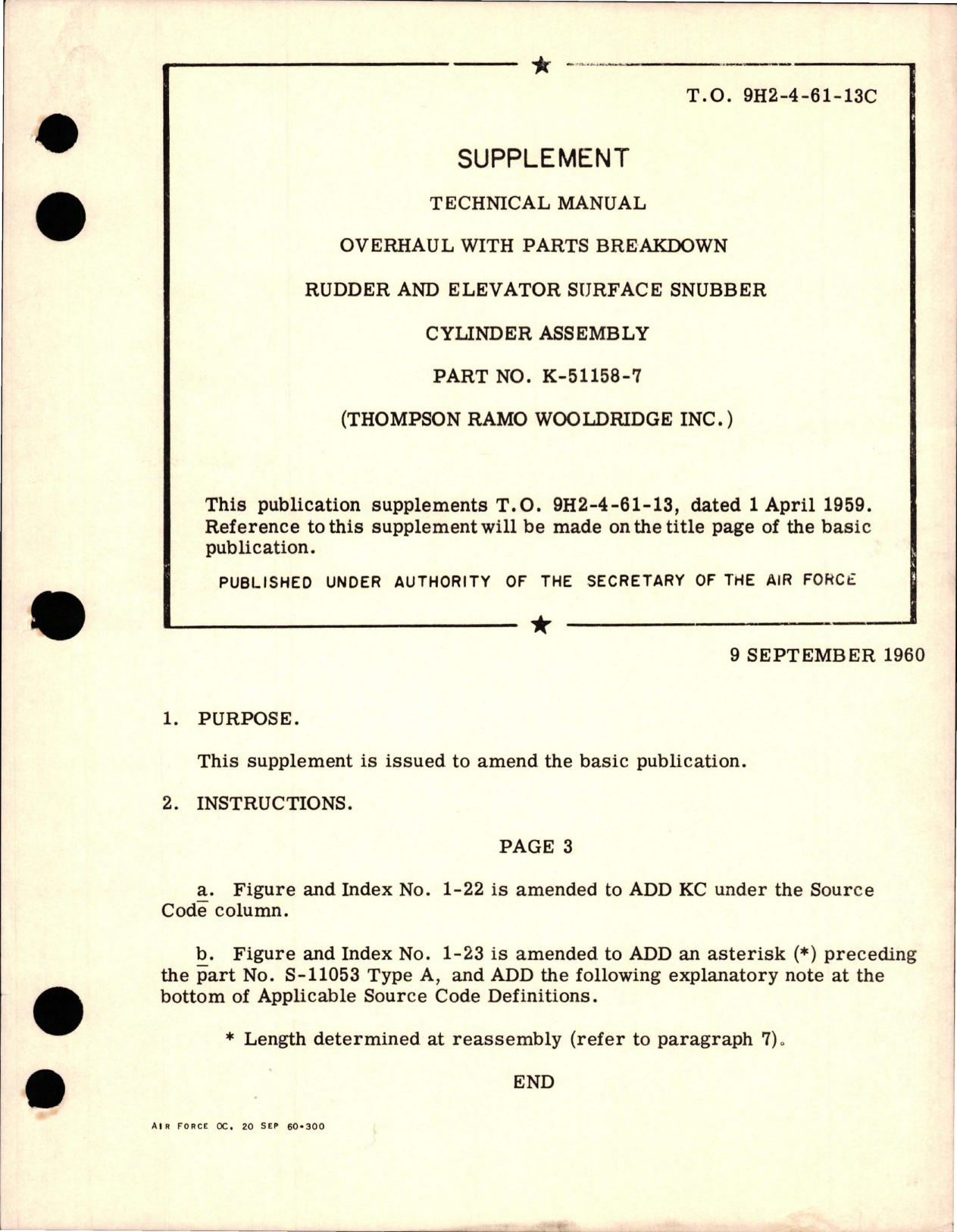 Sample page 1 from AirCorps Library document: Supplement to Overhaul with Parts Breakdown for Rudder and Elevator Surface Snubber Cylinder Assembly - Part K-51158-7 