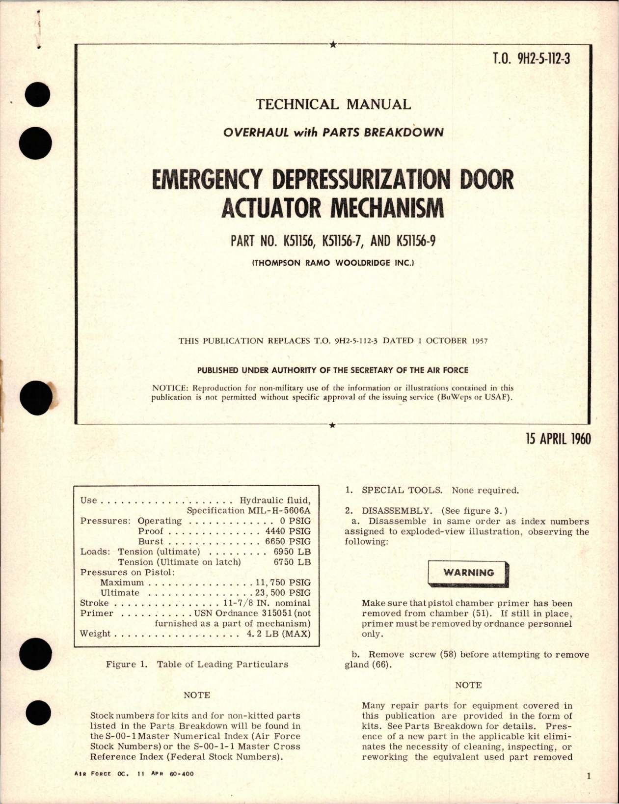 Sample page 1 from AirCorps Library document: Overhaul with Parts Breakdown for Emergency Depressurization Door Actuator Mechanism - Parts K51156, K51156-7, and K51156-9