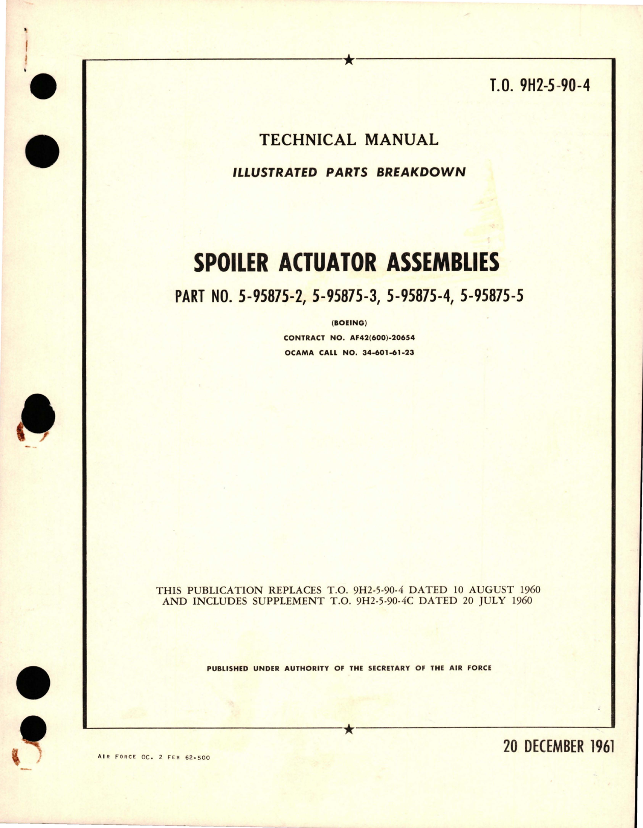 Sample page 1 from AirCorps Library document: Illustrated Parts Breakdown for Spoiler Actuator Assembly - Parts 5-95875-2, 5-95875-3, 5-95875-4, and 5-95875-5 