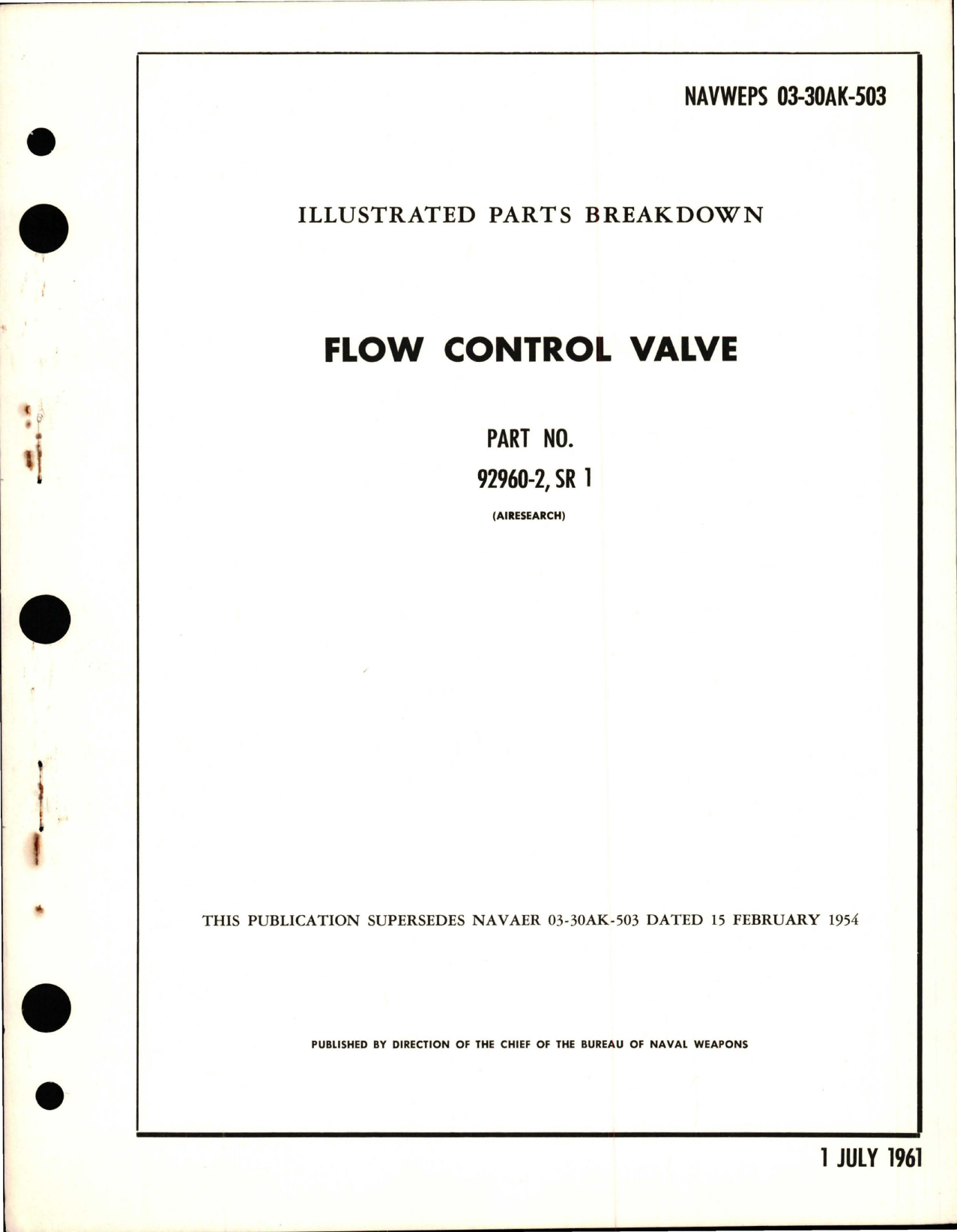 Sample page 1 from AirCorps Library document: Illustrated Parts Breakdown for Flow Control Valve - Part 92960-2 SR 1