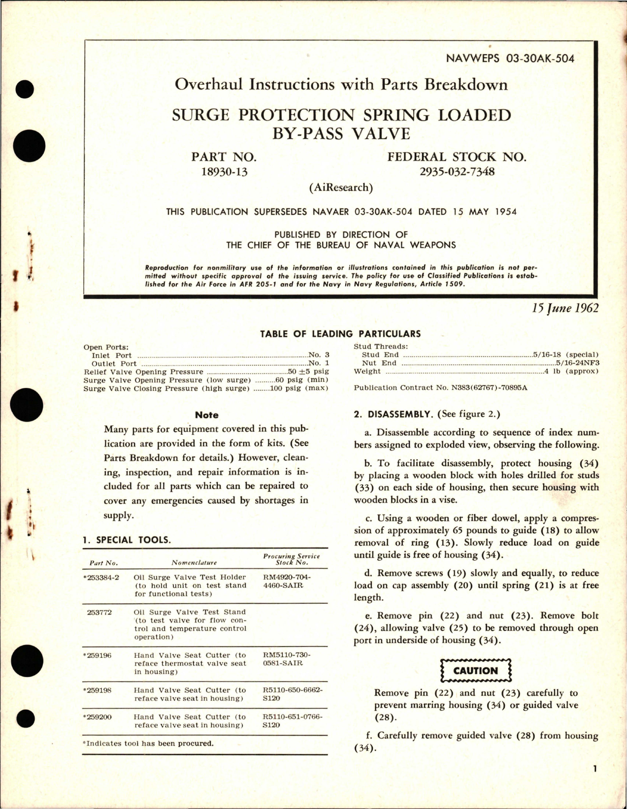 Sample page 1 from AirCorps Library document: Overhaul Instructions with Parts Breakdown for Surge Protection Spring Loaded By-Pass Valve - Part 18930-13
