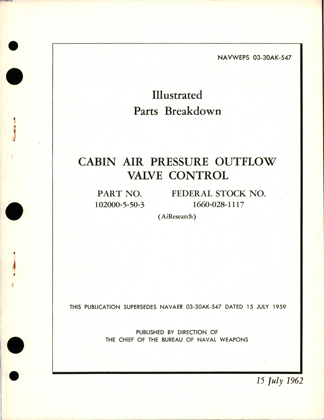 Sample page 1 from AirCorps Library document: Illustrated Parts Breakdown for Cabin Air Pressure Outflow Valve Control - Part 102000-5-50-3