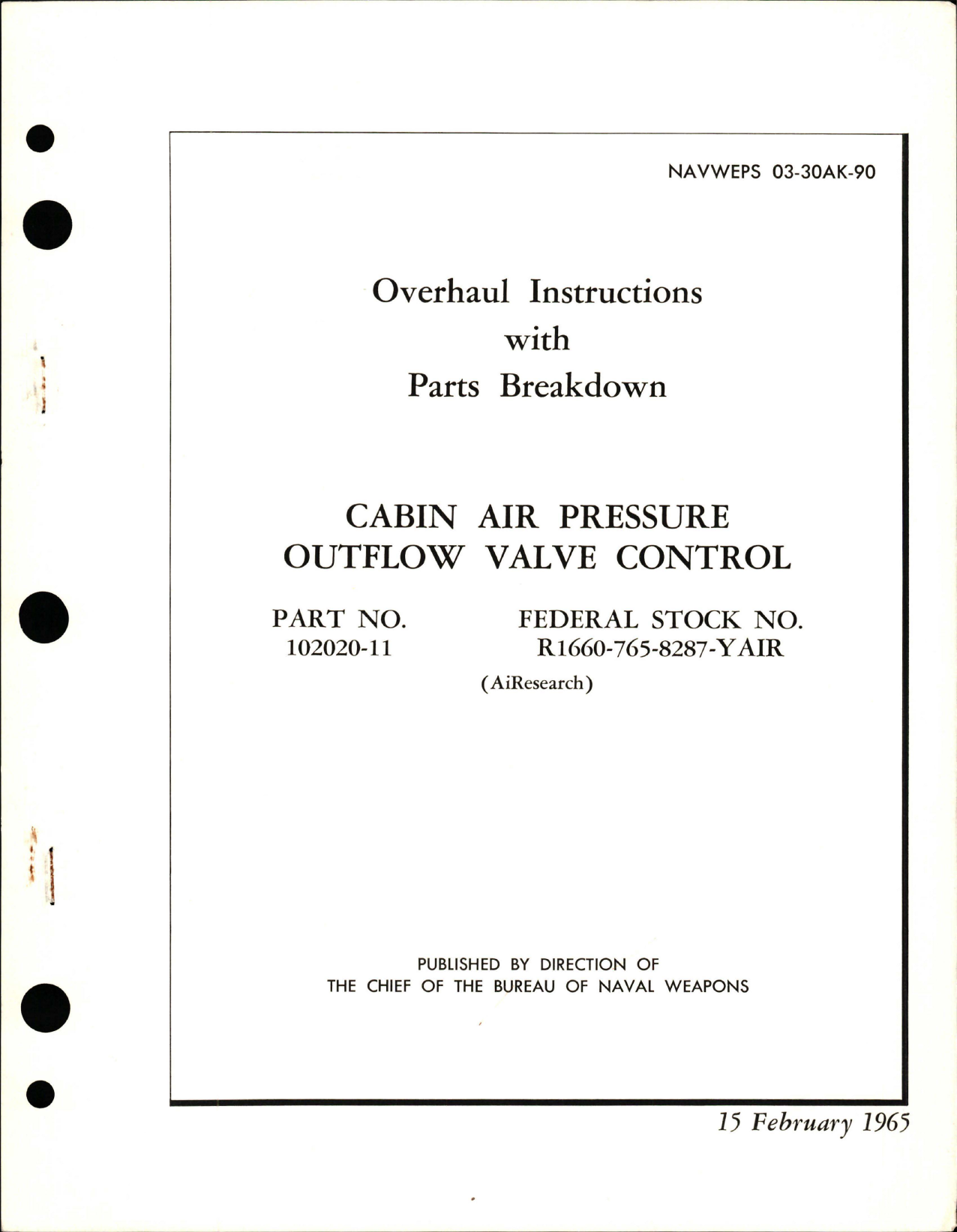 Sample page 1 from AirCorps Library document: Overhaul Instructions with Parts Breakdown for Cabin Air Pressure Outflow Valve Control - Part 102020-11