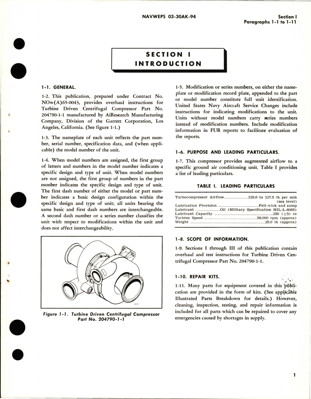 Sample page 5 from AirCorps Library document: Overhaul Instructions for Turbine Driven Centrifugal Compressor - Part 204790-1-1
