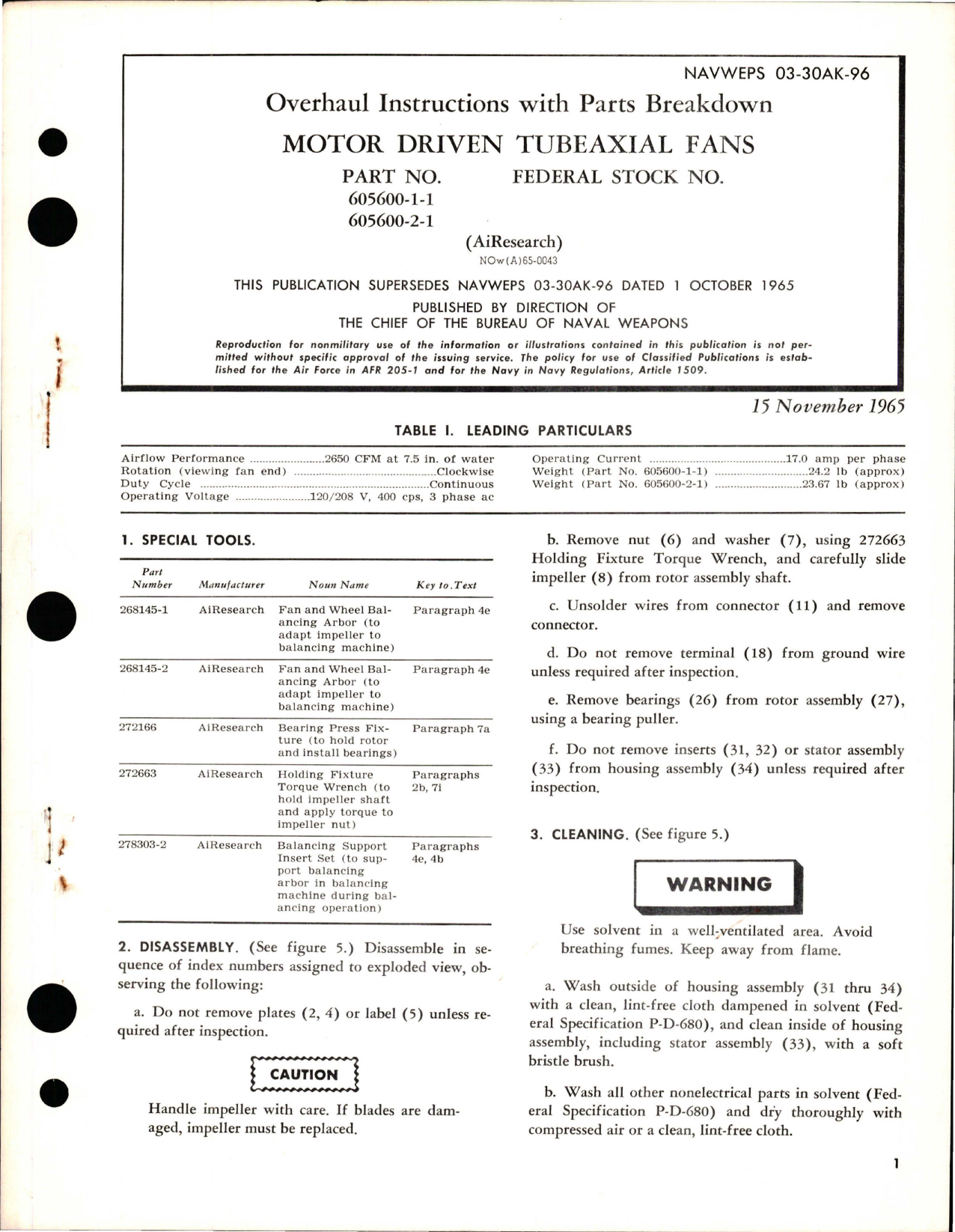 Sample page 1 from AirCorps Library document: Overhaul Instructions with Parts Breakdown for Motor Driven Tubeaxial Fans - Parts 605600-1-1 and 605600-2-1