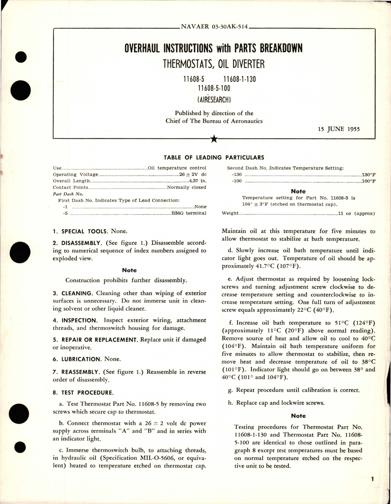 Sample page 1 from AirCorps Library document: Overhaul Instructions with Parts Breakdown for Oil Diverter Thermostats - 11608-5, 11608-1-130, and 11608-5-100