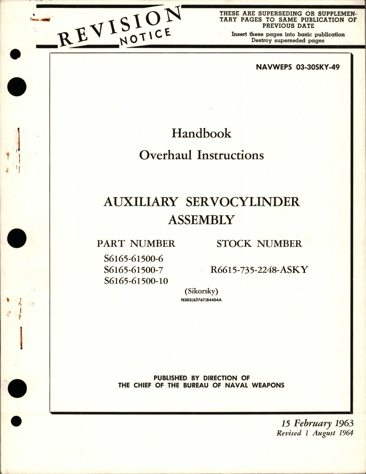 Sample page 1 from AirCorps Library document: Overhaul Instructions for Auxiliary Servocylinder Assembly - Parts S6165-61500-6, S6165-61500-7, and S6165-61500-10 