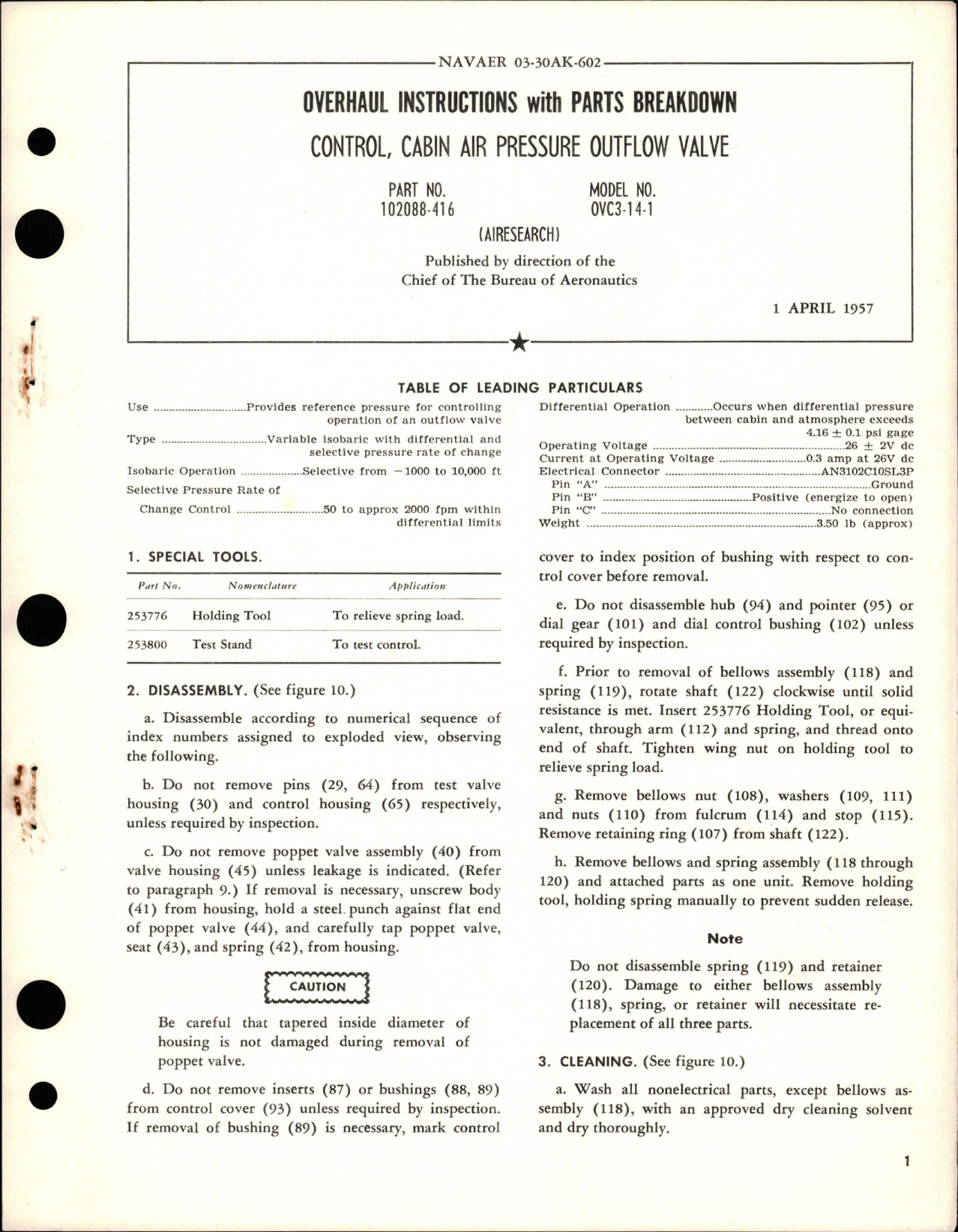 Sample page 1 from AirCorps Library document: Overhaul Instructions with Parts Breakdown for Cabin Air Pressure Outflow Valve - Part 102088-416 - Model OVC3-14-1 