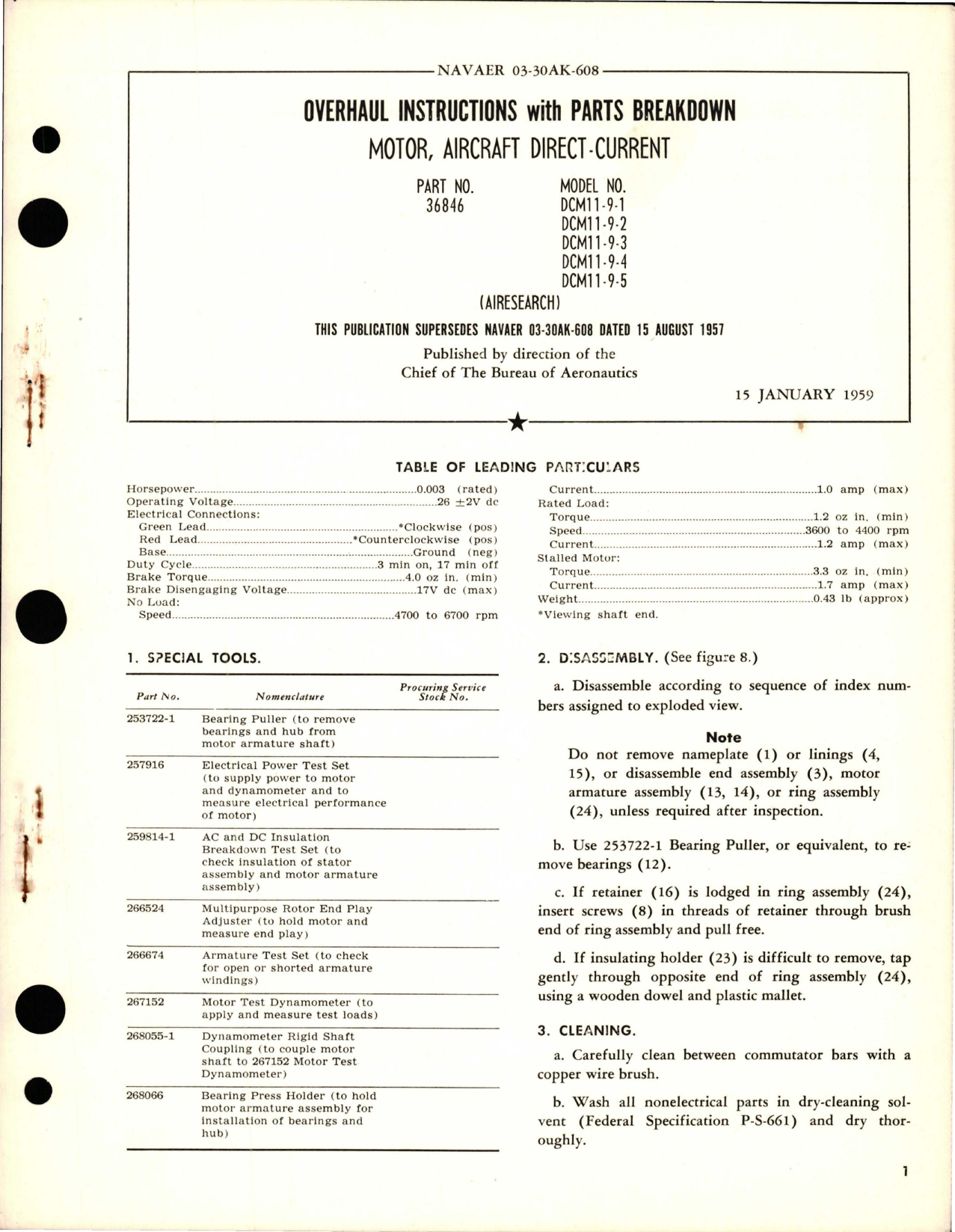 Sample page 1 from AirCorps Library document: Overhaul Instructions with Parts Breakdown for Direct-Current Motor - Part 36846 