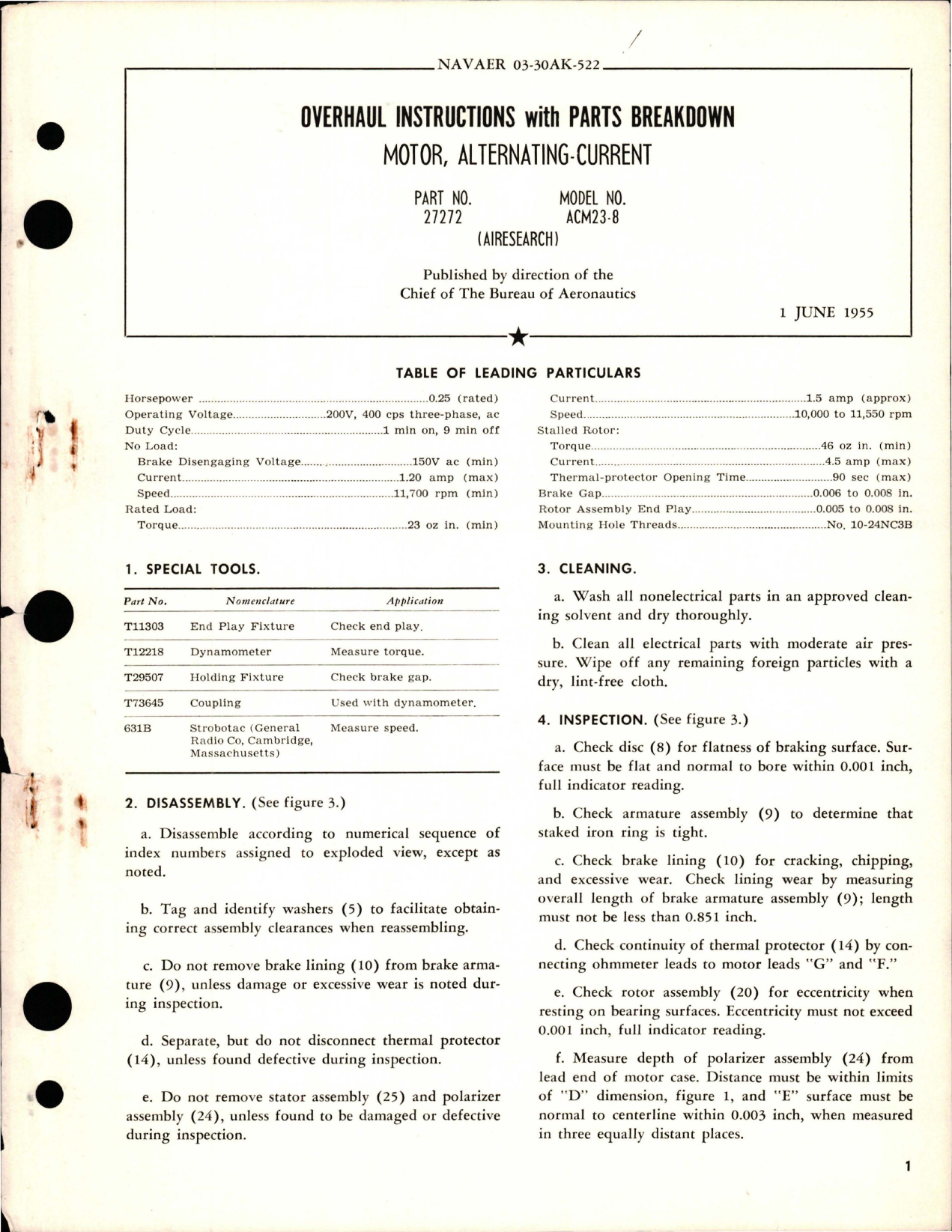 Sample page 1 from AirCorps Library document: Overhaul Instructions with Parts Breakdown for Alternating-Current Motor - Part 27272 - Model ACM23-8
