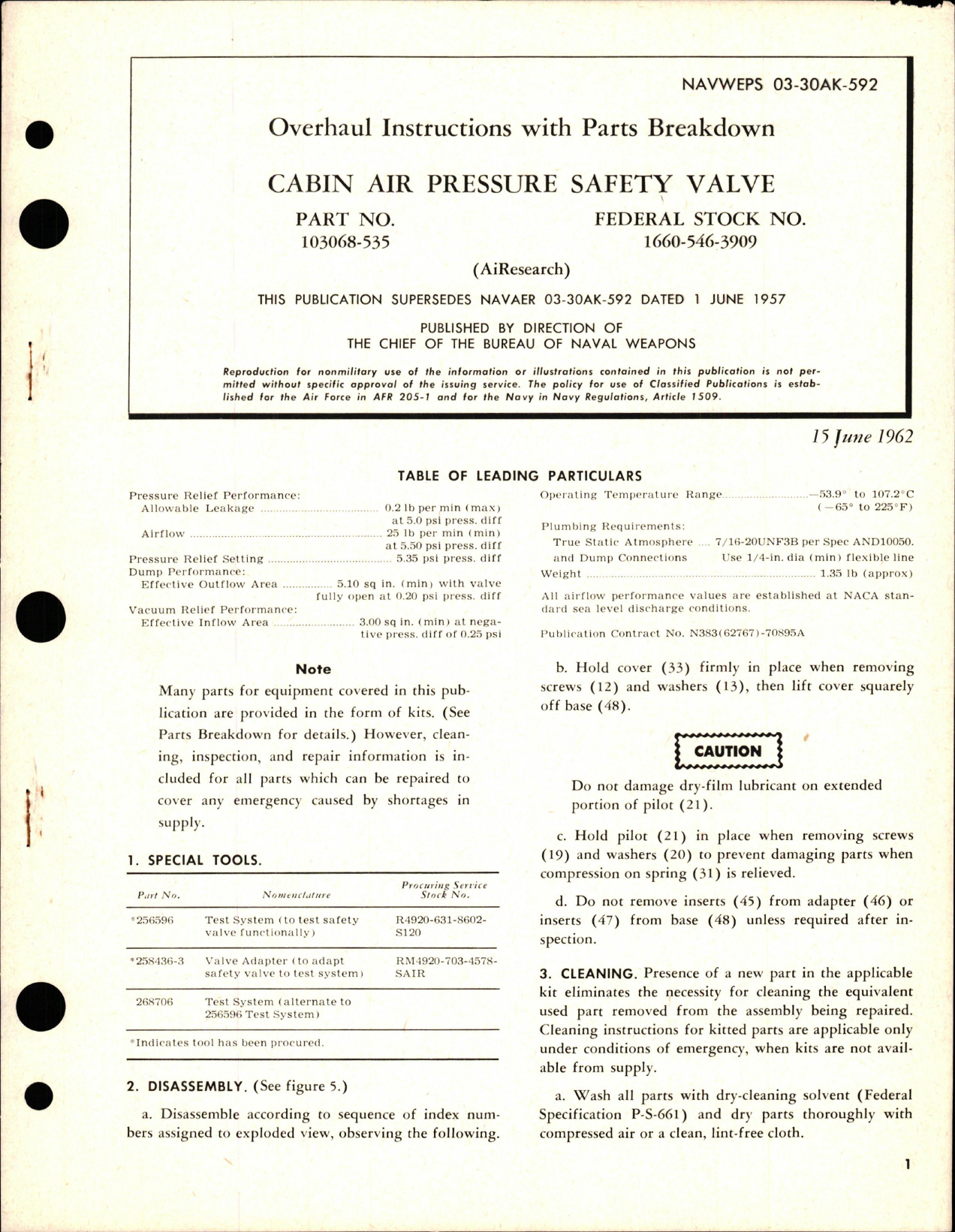 Sample page 1 from AirCorps Library document: Overhaul Instructions with Parts Breakdown for Cabin Air Pressure Safety Valve - Part 103068-535