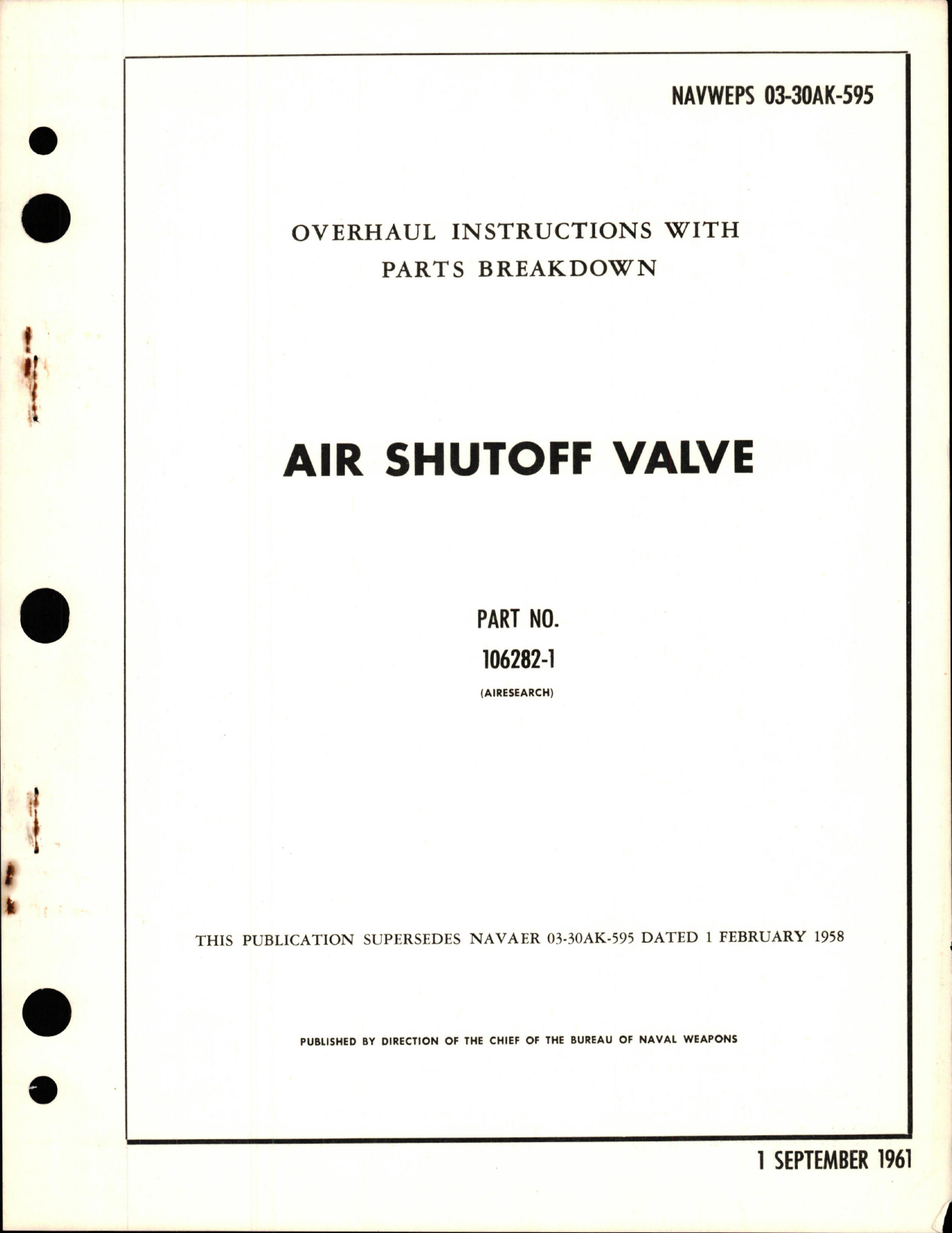 Sample page 1 from AirCorps Library document: Overhaul Instructions with Parts Breakdown for Air Shutoff Valve - Part 106282-1