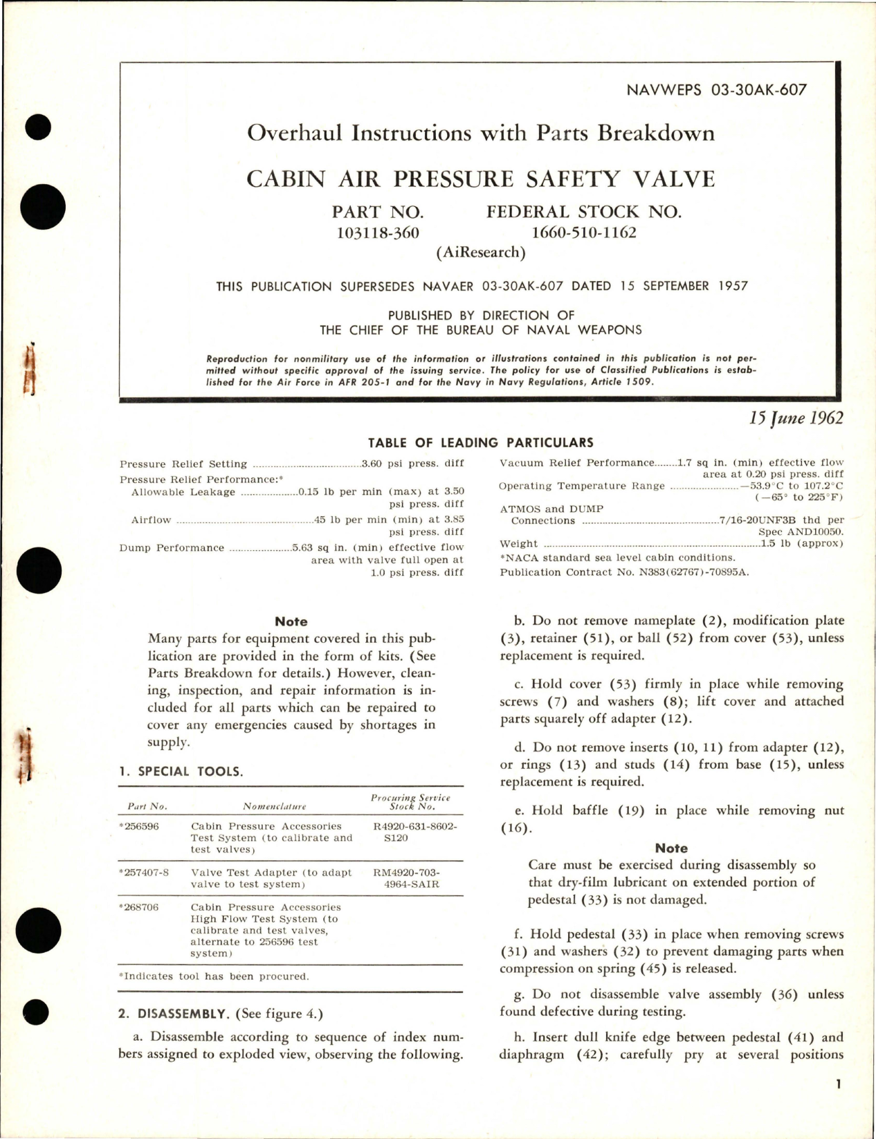 Sample page 1 from AirCorps Library document: Overhaul Instructions with Parts Breakdown for Cabin Air Pressure Safety Valve - Part 103118-360