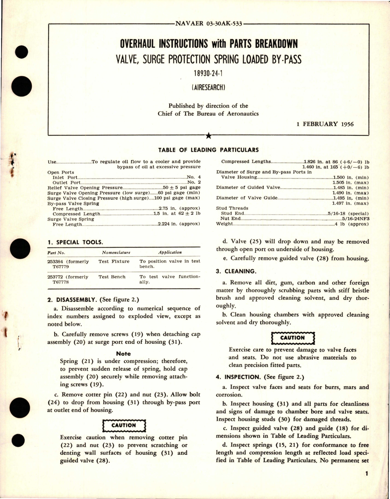 Sample page 1 from AirCorps Library document: Overhaul Instructions with Parts Breakdown for Surge Protection Spring Loaded By-Pass Valve - 18930-24-1