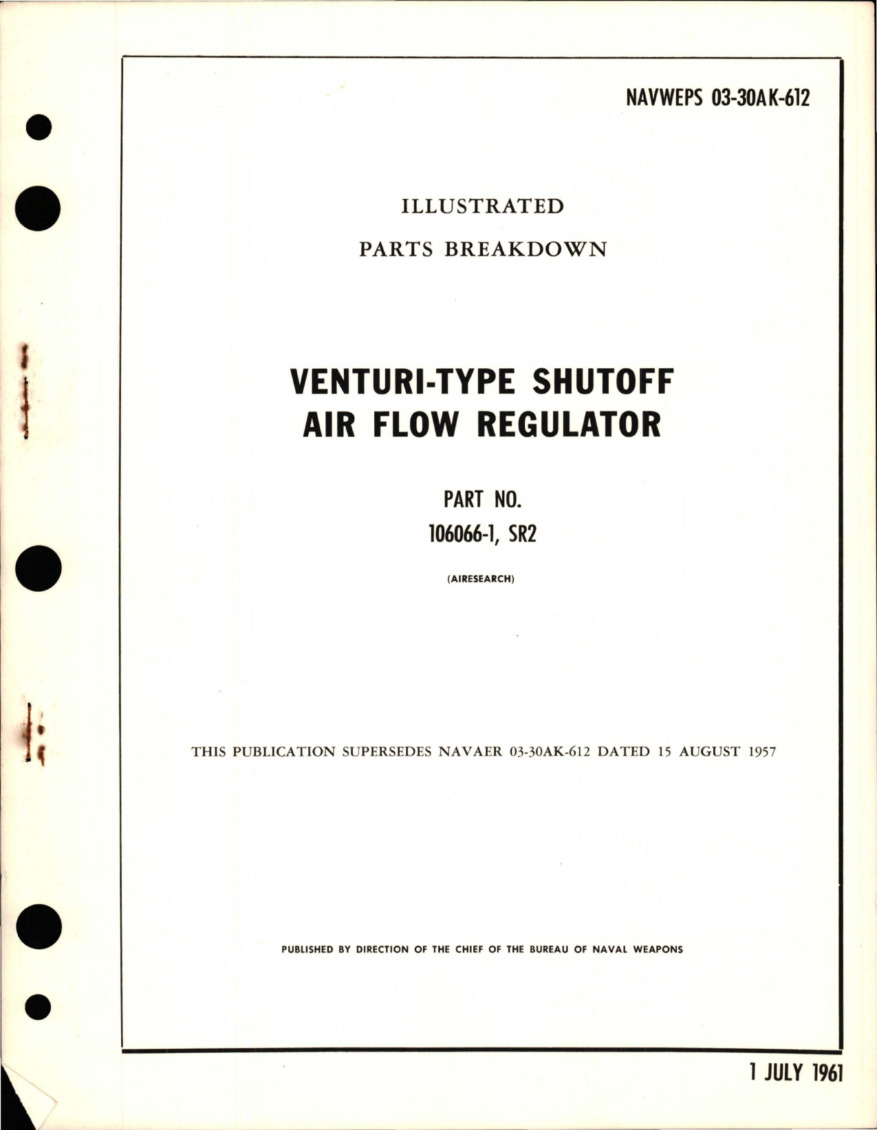 Sample page 1 from AirCorps Library document: Illustrated Parts Breakdown for Venturi-Type Shutoff Air Flow Regulator - Part 106066-1, SR2
