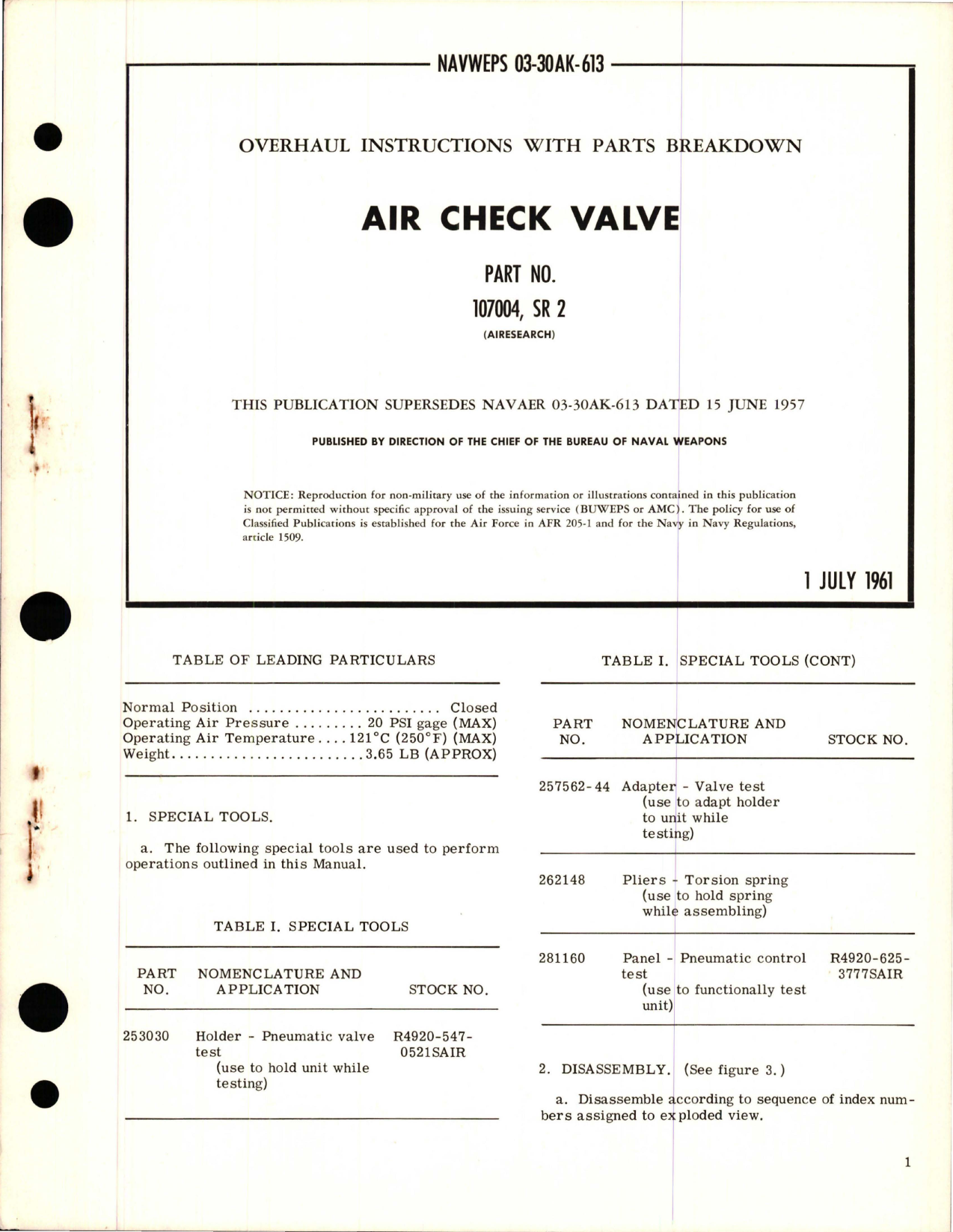 Sample page 1 from AirCorps Library document: Overhaul Instructions with Parts Breakdown for Air Check Valve - Part 107004, SR 2