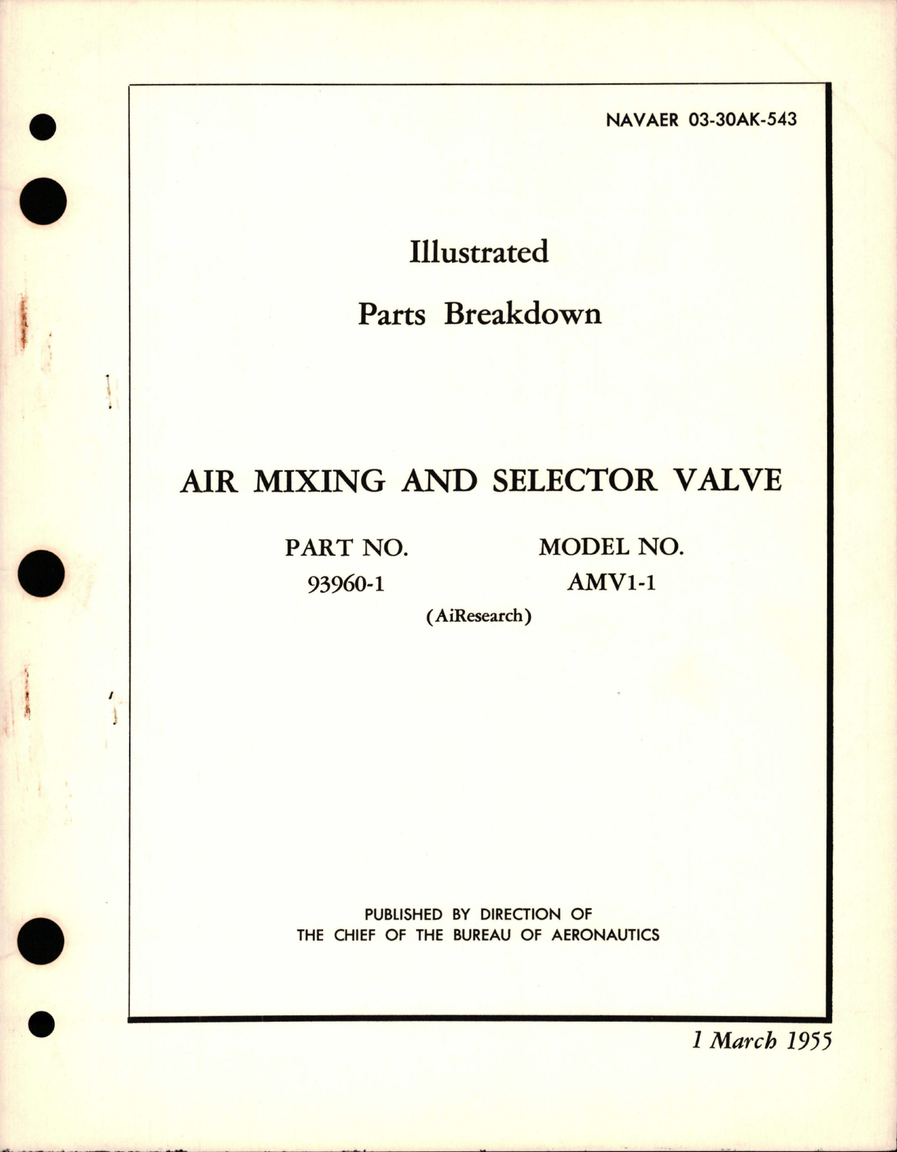 Sample page 1 from AirCorps Library document: Illustrated Parts Breakdown for Air Mixing and Selector Valve - Part 93960-1 - Model AMV1-1