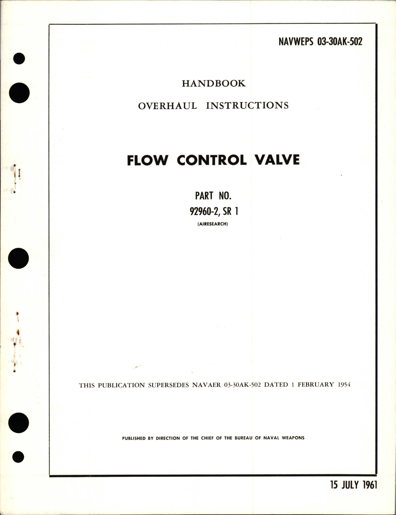 Sample page 1 from AirCorps Library document: Overhaul Instructions for Flow Control Valve - Part 92960-2 SR 1