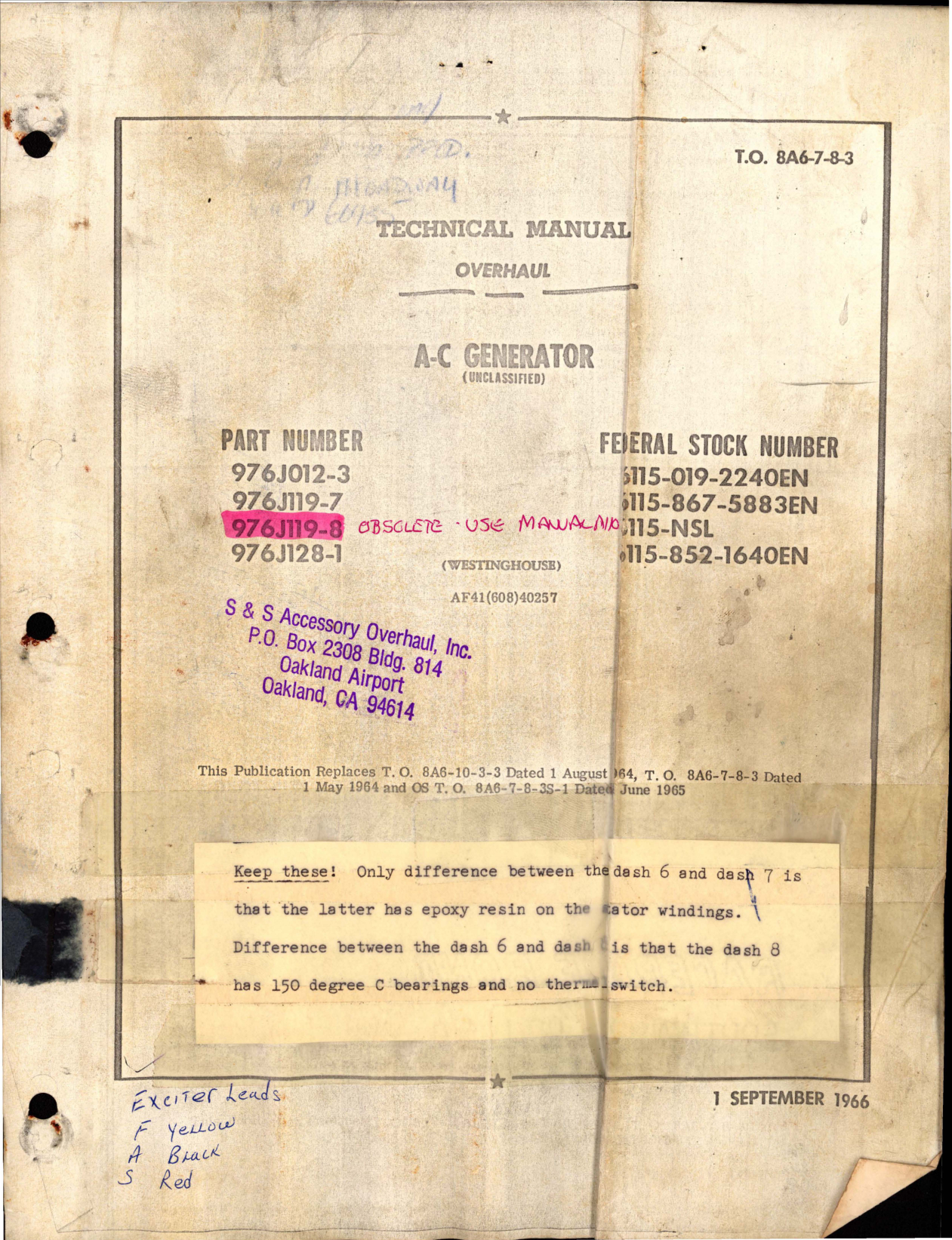 Sample page 1 from AirCorps Library document: Overhaul Manual for AC Generator - Parts 976J012-3, 976J119-7, 976J119-8, and 976J128-1