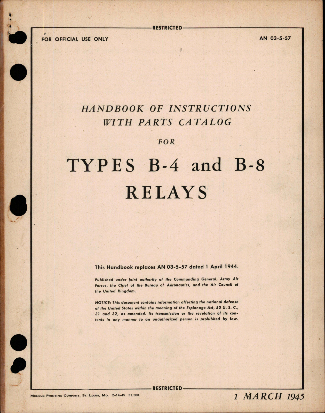 Sample page 1 from AirCorps Library document: Instructions with Parts Catalog for Relays - Types B-4 and B-8 