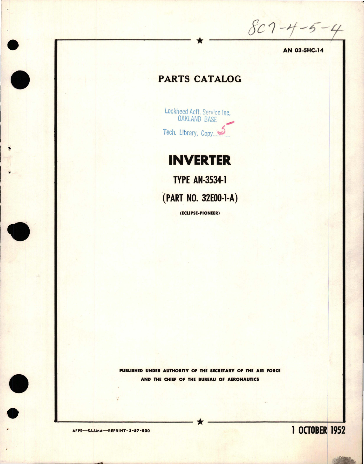 Sample page 1 from AirCorps Library document: Parts Catalog for Inverter - Type AN-3534-1 - Part 32E00-1-A 