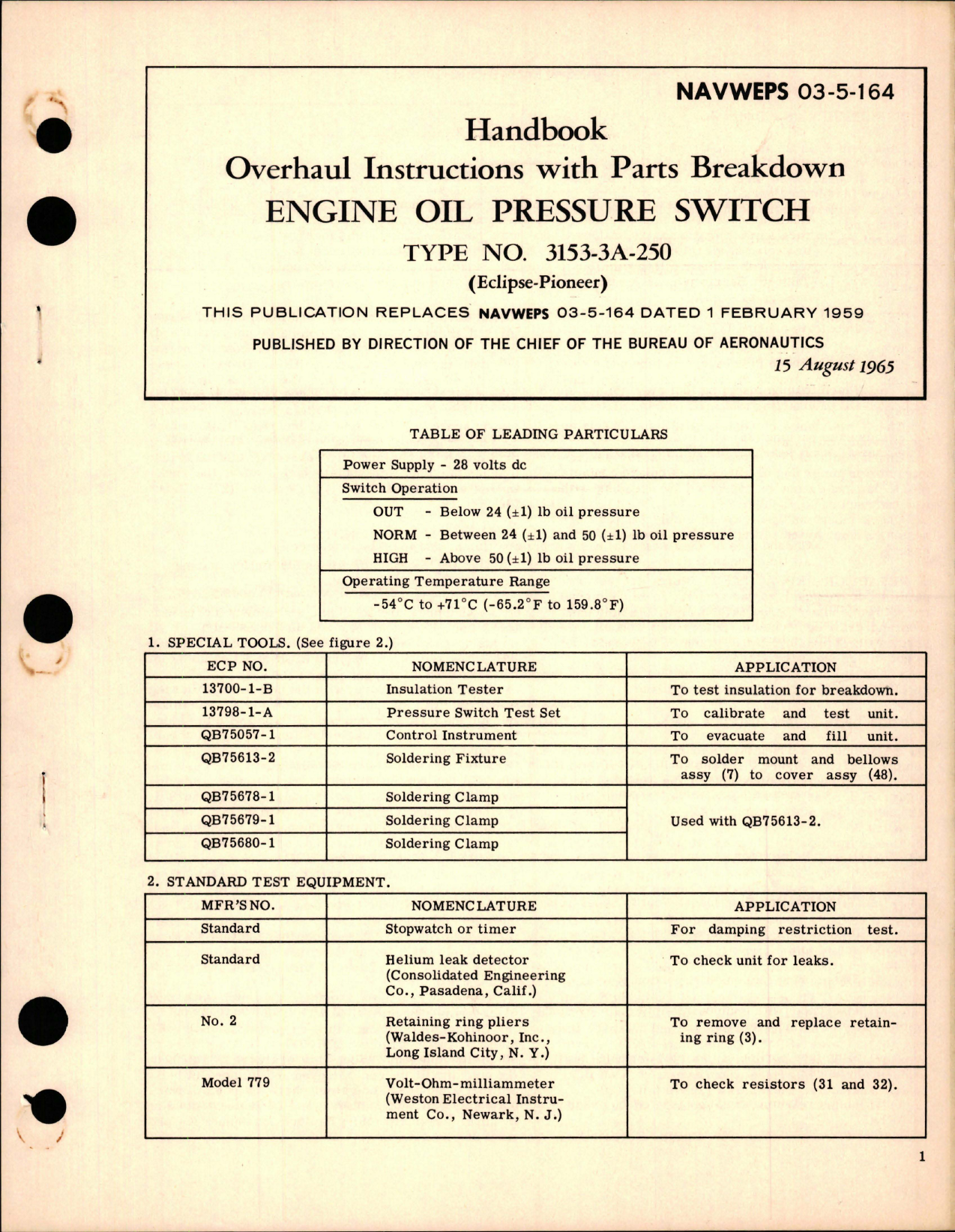 Sample page 1 from AirCorps Library document: Overhaul Instructions with Parts Breakdown for Engine Oil Pressure Switch - Type 3153-3A-250 