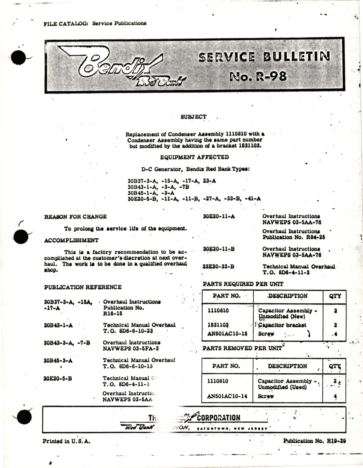 Sample page 1 from AirCorps Library document: Replacement of Condenser Assembly 1110810 with Modification of Bracket 1531103 for D-C Generators