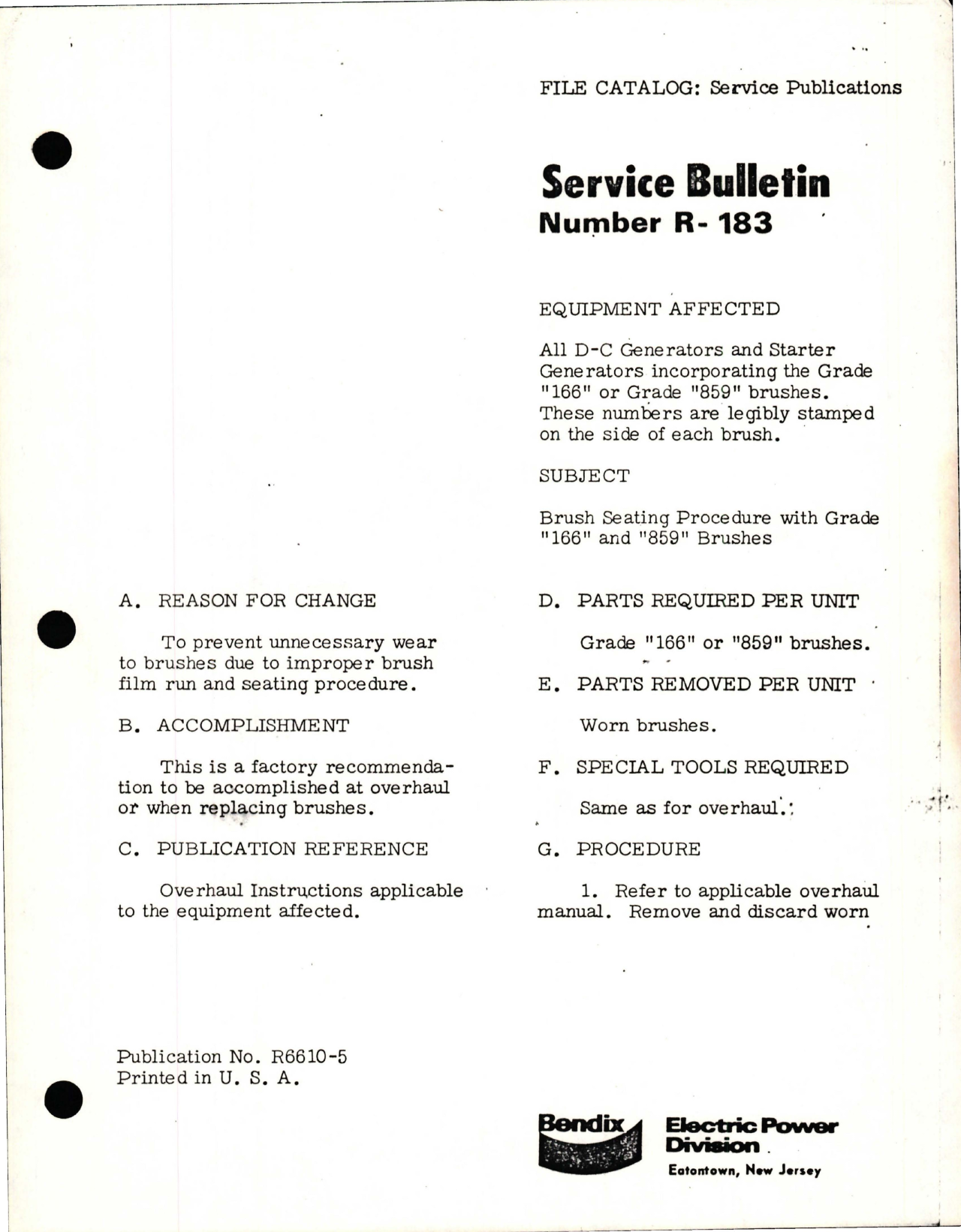 Sample page 1 from AirCorps Library document: Brush Seating Procedure with Grade 166 and 859 Brushes for D-C Generators and Starter Generators