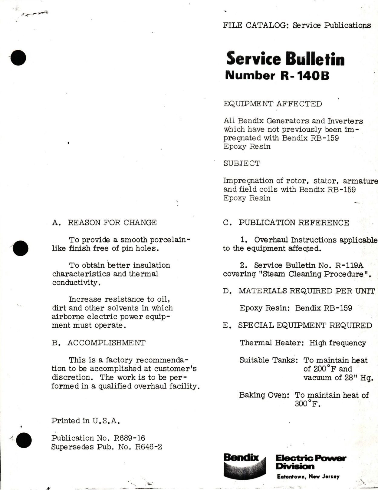 Sample page 1 from AirCorps Library document: Impregnation of Rotor, Stator, Armature and Field Coils with RB-159 Epoxy Resin on Generators and Inverters 