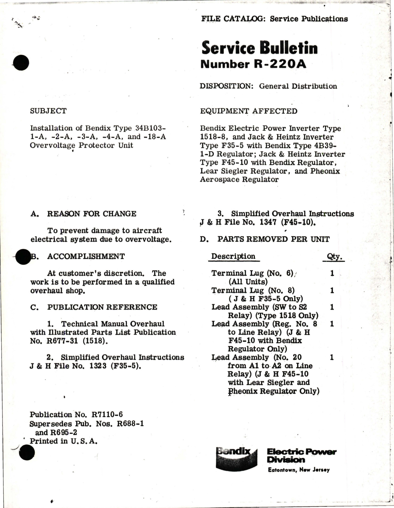 Sample page 1 from AirCorps Library document: Installation of Bendix Types 34B103-1A, 34B103-2-A, 34B103-3-A, 34B103-4-A, and 34B103-18-A Overvoltage Protector Unit for Electric Power Inverter